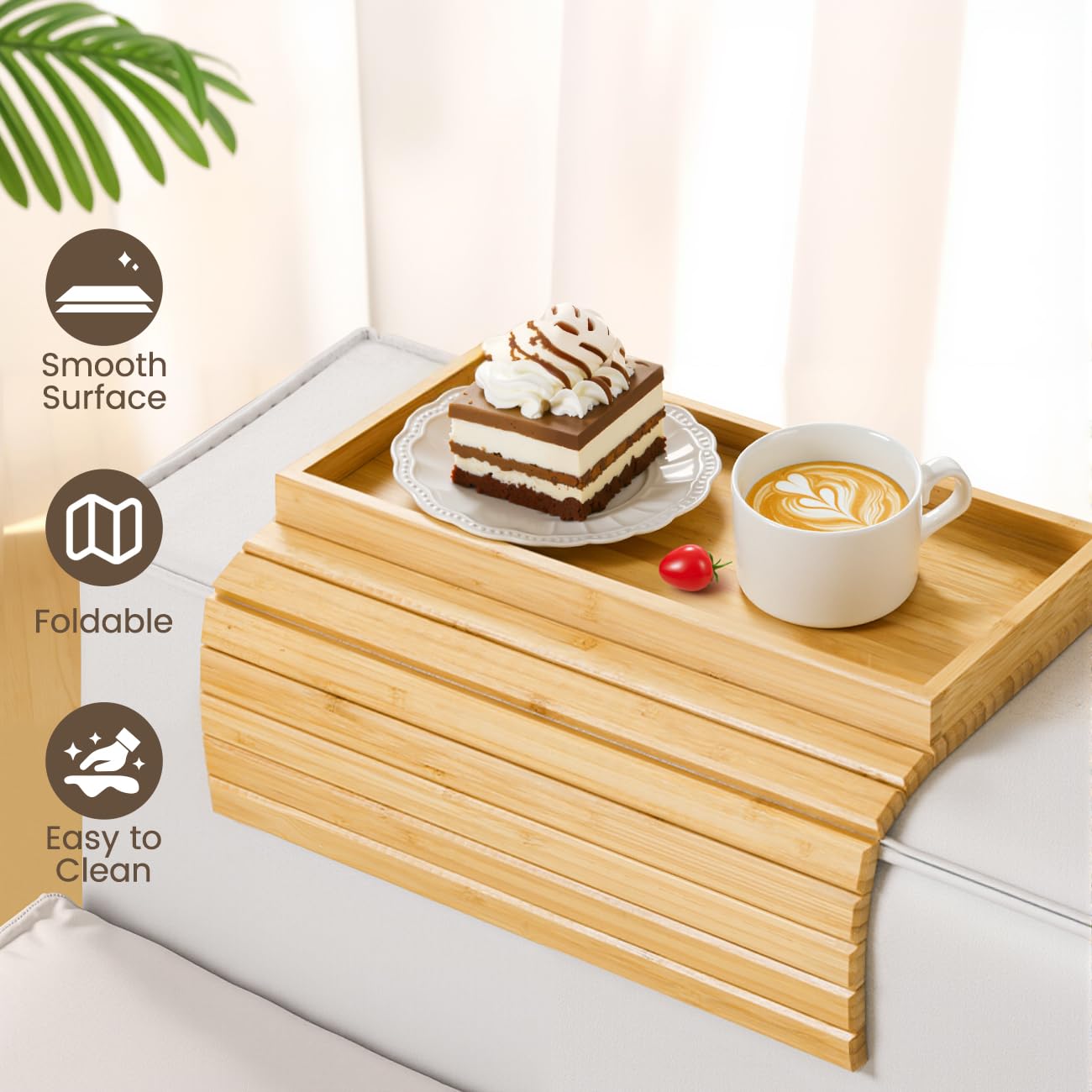 Kssiaz Couch Arm Tray, Bamboo Sofa Tray Table for Couch, Sofa Armrest Tray Table, Anti-Slip Armrest Organizer, Foldable Couch Cup Holder for Snacks, Phone, Control, Cups, Natural