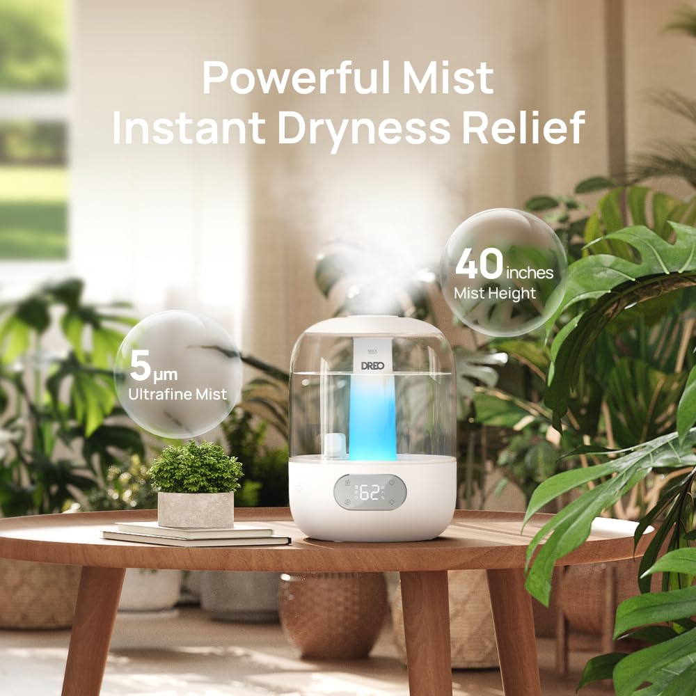 DREO Humidifiers for Bedroom, 3L Top Fill 30H & 26dB Quiet Cool Mist Air Humidifier, Easy to Fill & Clean Ultrasonic Humidifier for Plants, Baby, Nightlight, Humidity Sensor, 360° Nozzle, BPA free
