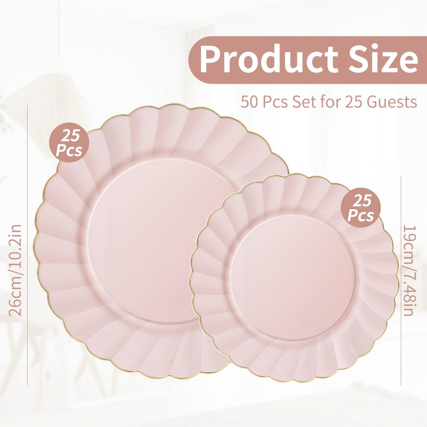 mwellewm 50 Pcs Pink Scalloped Plastic Plates Disposable Party Plates with Gold Rim 25pcs Fancy Decorative Dinner Plates 10" 25pcs Heavy Duty Dessert Plates 7.5" Perfect for Wedding Baby Shower