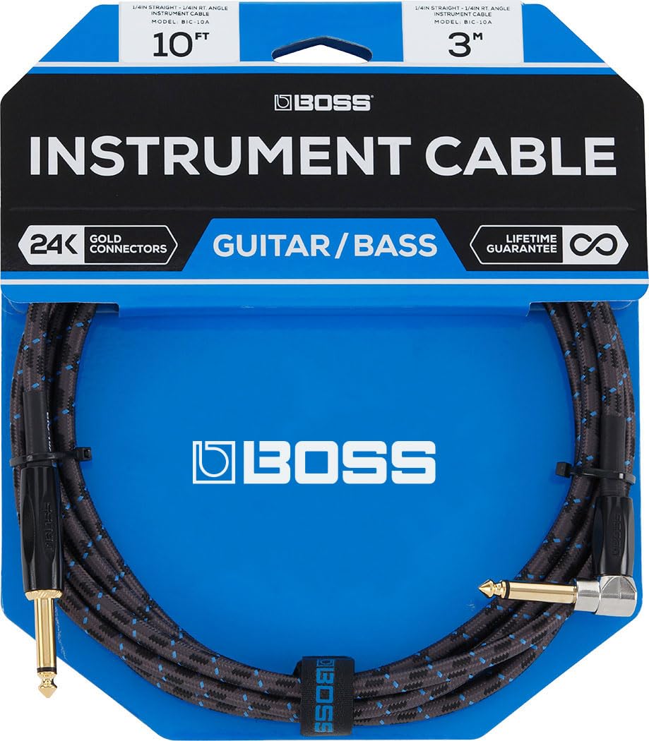 BOSS 10-Feet (3m) Instrument Cable, Straight/Angle ¼” Jack (BIC-10A)