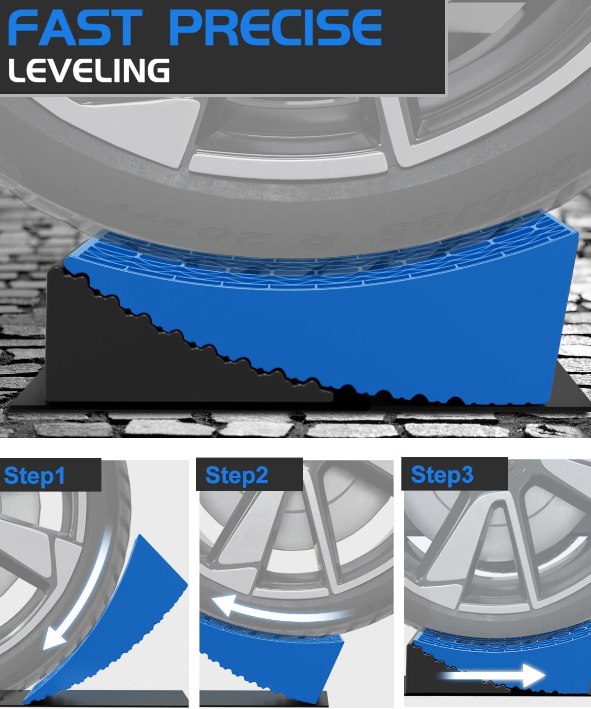 RV Leveling Blocks Ramp Kit, 2 Packs Camper Leveler System for Travel with Two Chocks, 2 Anti-Slip Mats, 1T Bubble Level and Carry Bag, Up to 35000 LBS, Easier & Faster to Level Camper-Blue