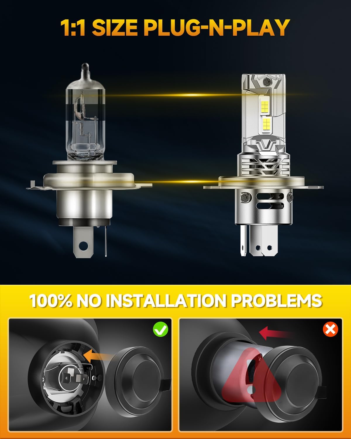 FAHREN 2026 H4 9003 LED Headlight Bulbs, 1000% Super Brightness H4 Headlight Bulbs, 1:1 Mini Size Plug and Play, 6500K Cool White 9003 Halogen Replacement, Pack of 2