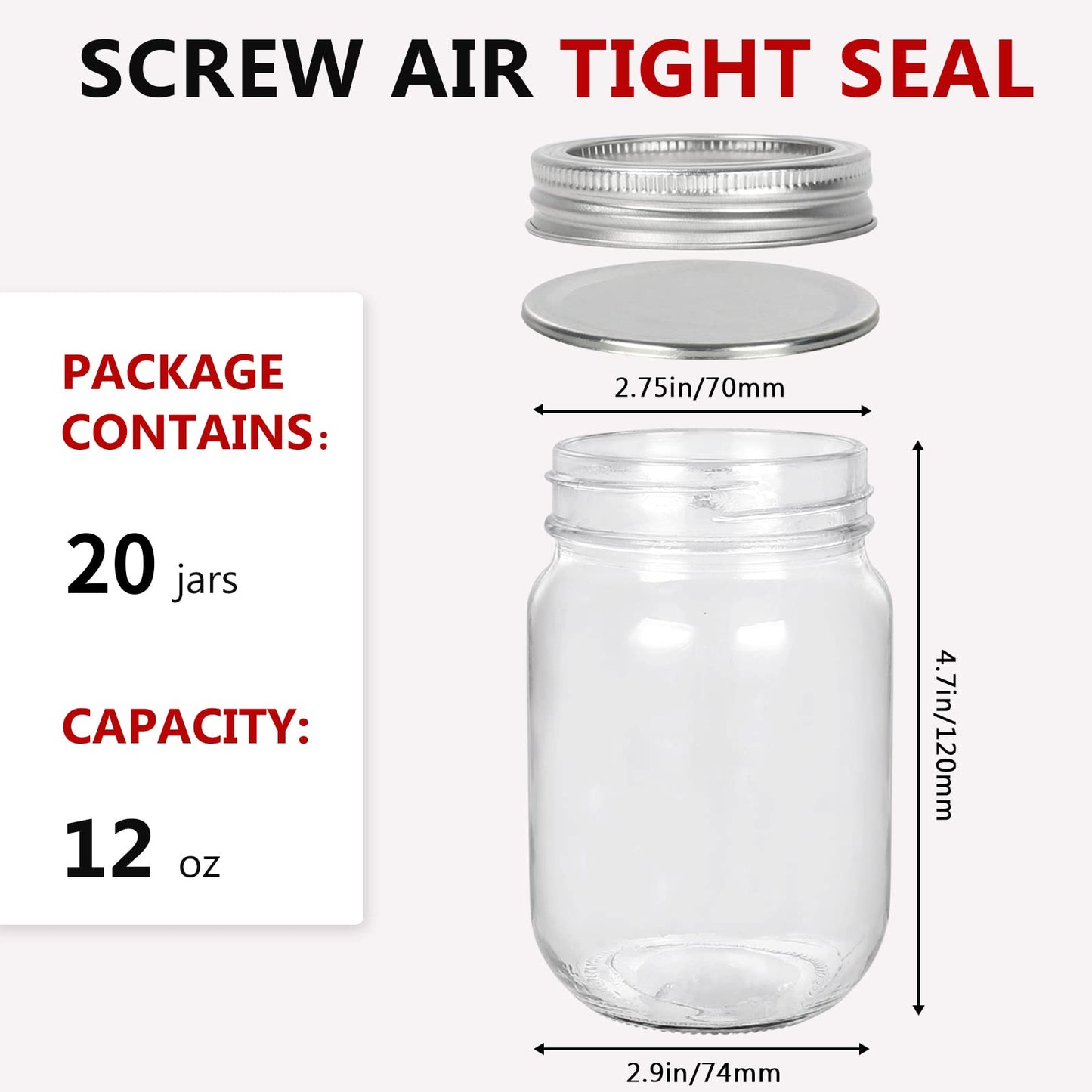 12 oz Glass Mason Jars, 20 Pack 360ml Canning Jars with Regular Mouth Lids, Glass Jars Storage Containers for Overnight Oats, Jam, Jelly, Honey, Beans, Spice, Wedding Party Favors, Shower Favors