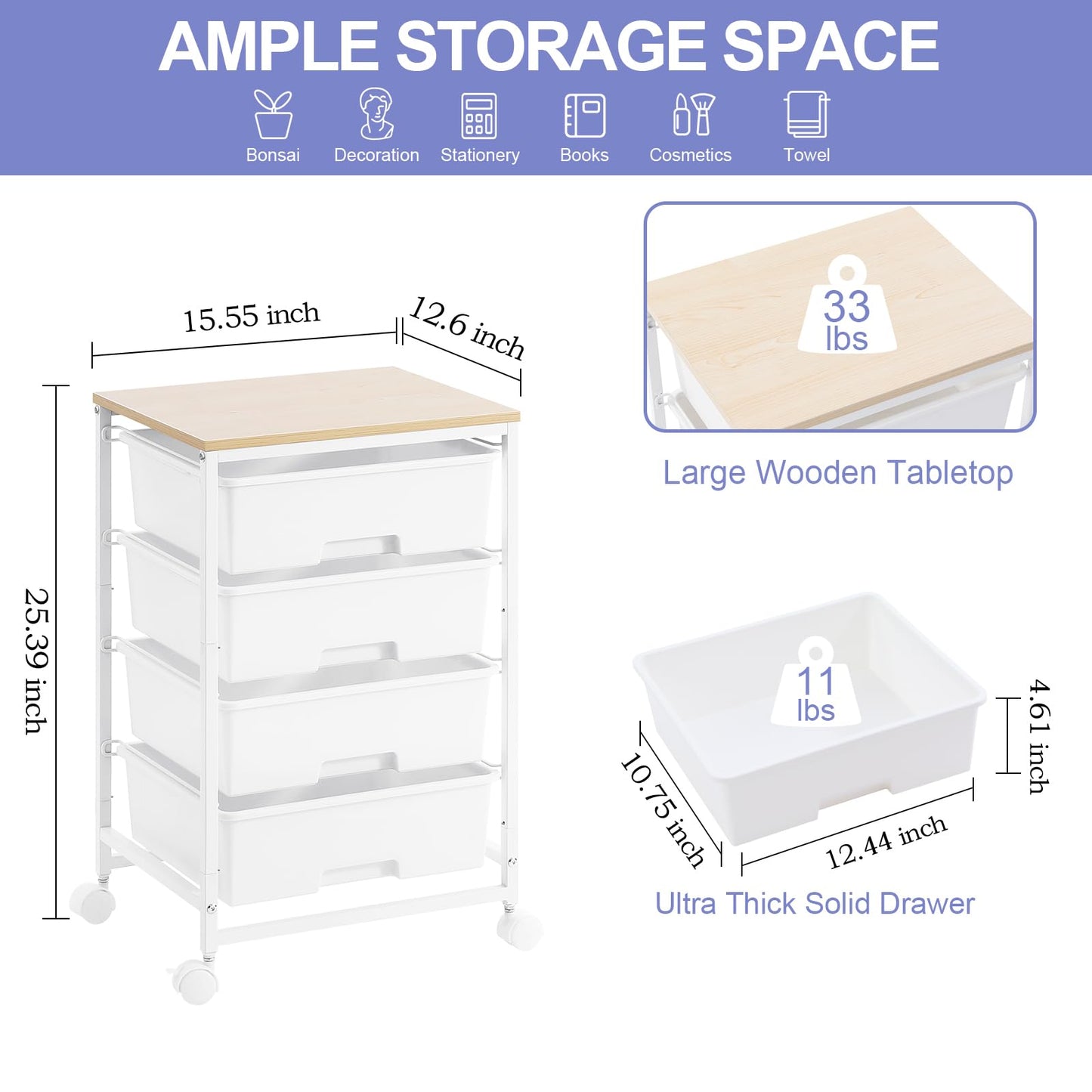 SYKIARIOL Utility Cart with 4 Drawers,Rolling Storage Cart with Drawers,Storage Rolling Drawer Cart with Wooden Tabletop for Bedroom,Kid's Room,Dorm,Classroom,Office,Bright White