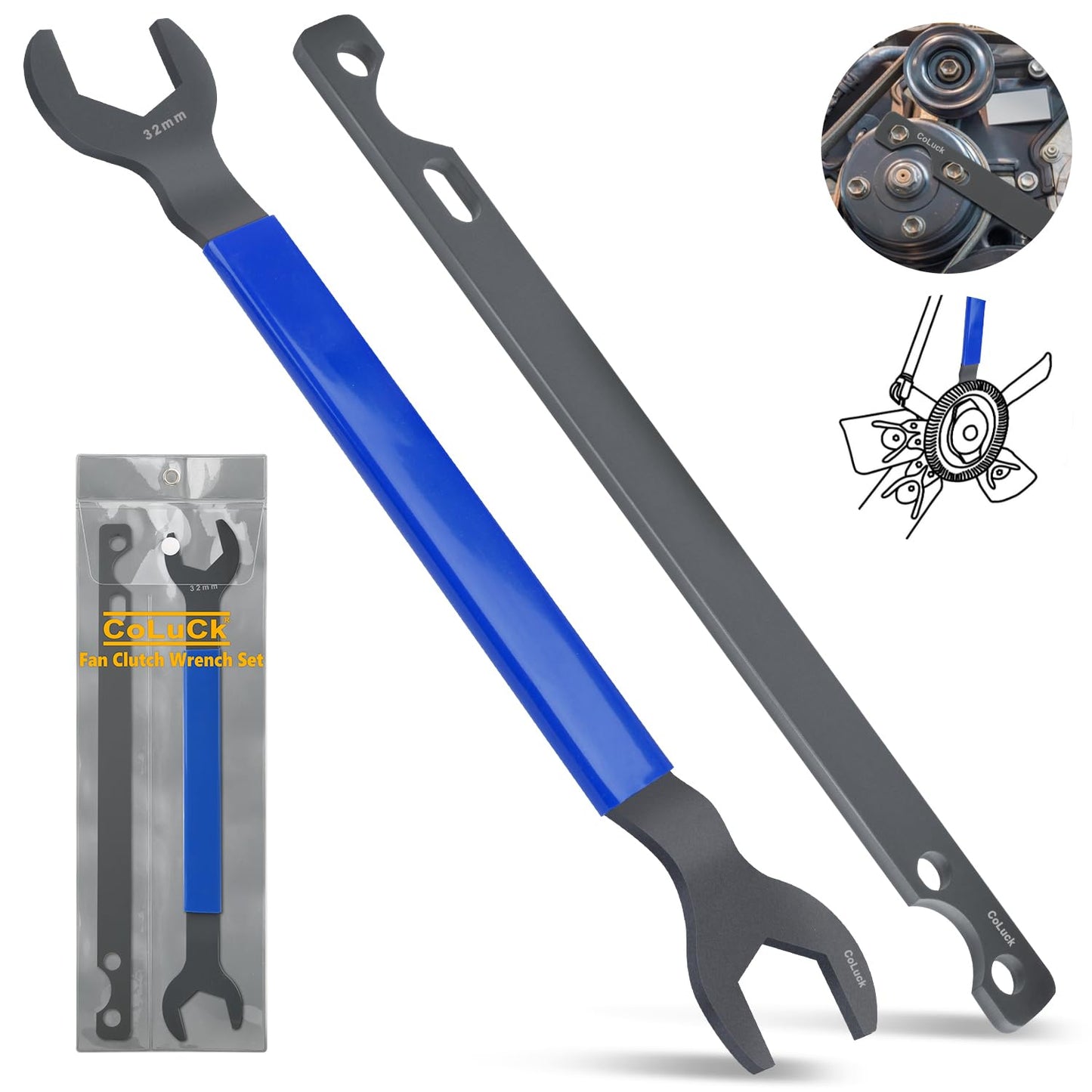Fan Clutch Wrench Set,32mm & 36mm Wrench Fan Wrench,Water Pump Pulley Holder Removal Tool for BMW, Ford, GM, Dodge,Chevrolet,Jeep Fan Clutch Removal Kit,Water Pump Holder
