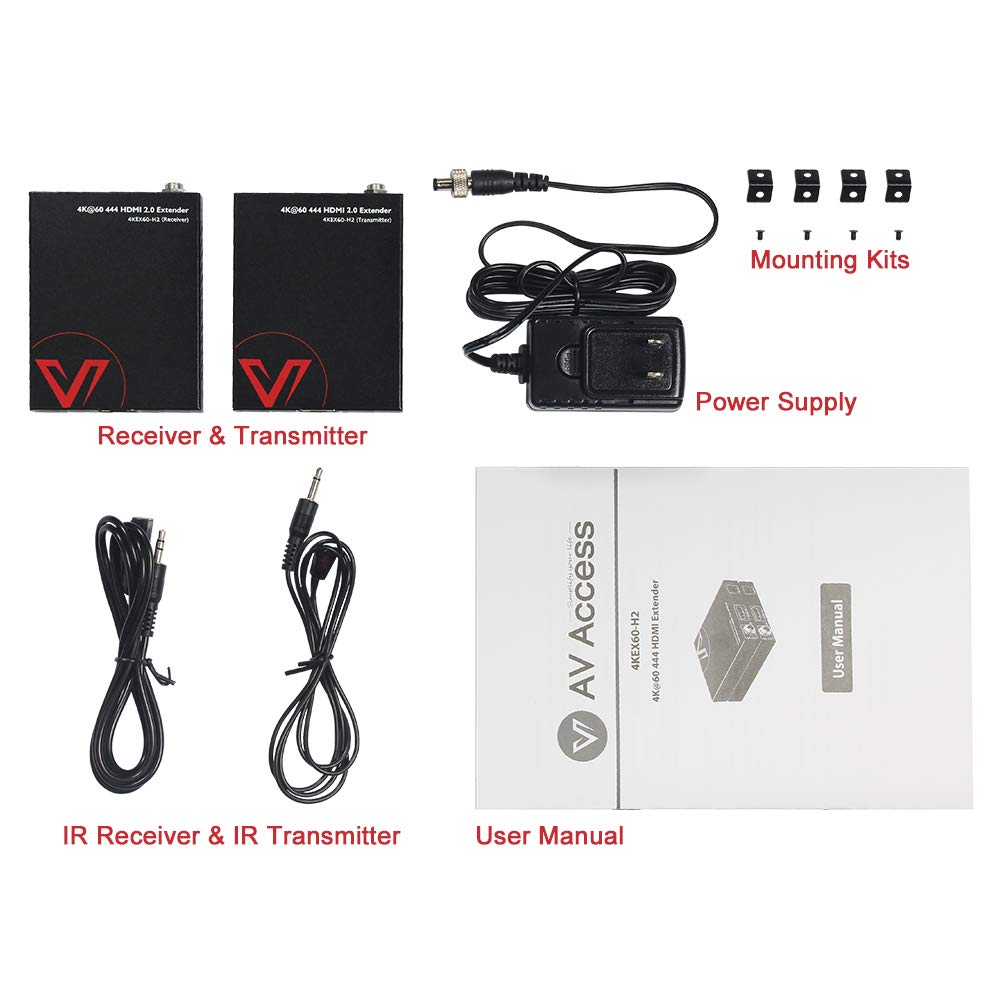 AV Access 4K HDMI 2.0 Extender Over Single Cat6/6a/7, 4K@60Hz up to 115ft, 1080P up to 164ft, HDR10+, YUV4:4:4, 3D, HDCP 2.2 18Gbps Zero Latency, Plug & Play, IR Return + PoC + CEC, Smart EDID