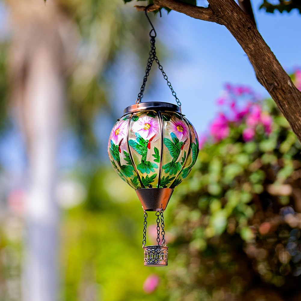DREAMSOUL Hummingbird Hot Air Balloon Solar Lantern, Hanging Solar Hot Air Balloon Lantern with Flame for Patio Yard Gift Decor