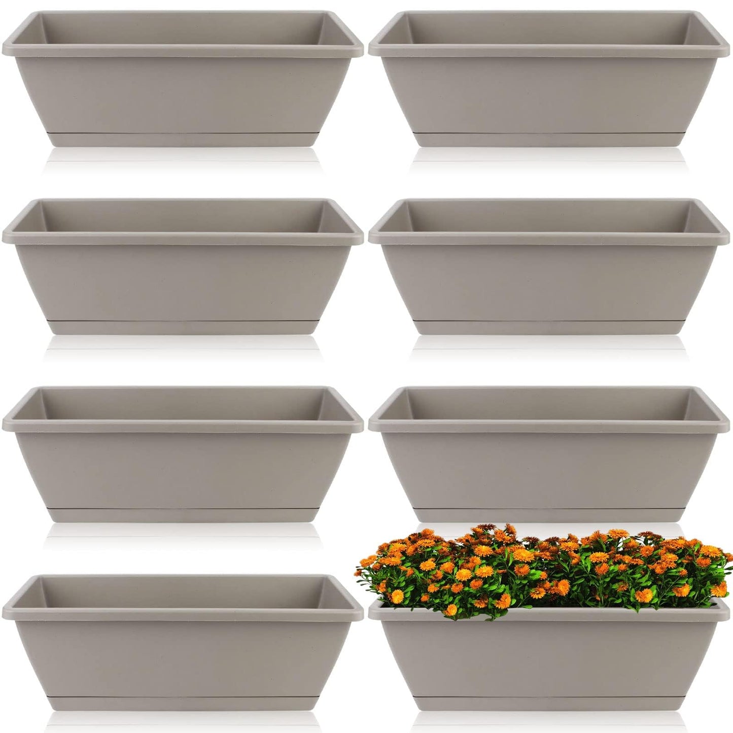 Haiabei 8Pcs Flower Window Box Planter Rectangle Plant Pot Planter 17 Inch Herb Planters with Tray Herb Pots for Indoor Plants Large Flower Boxes for Bay Window,Kitchen Windowsill,Coffee Table,Grey