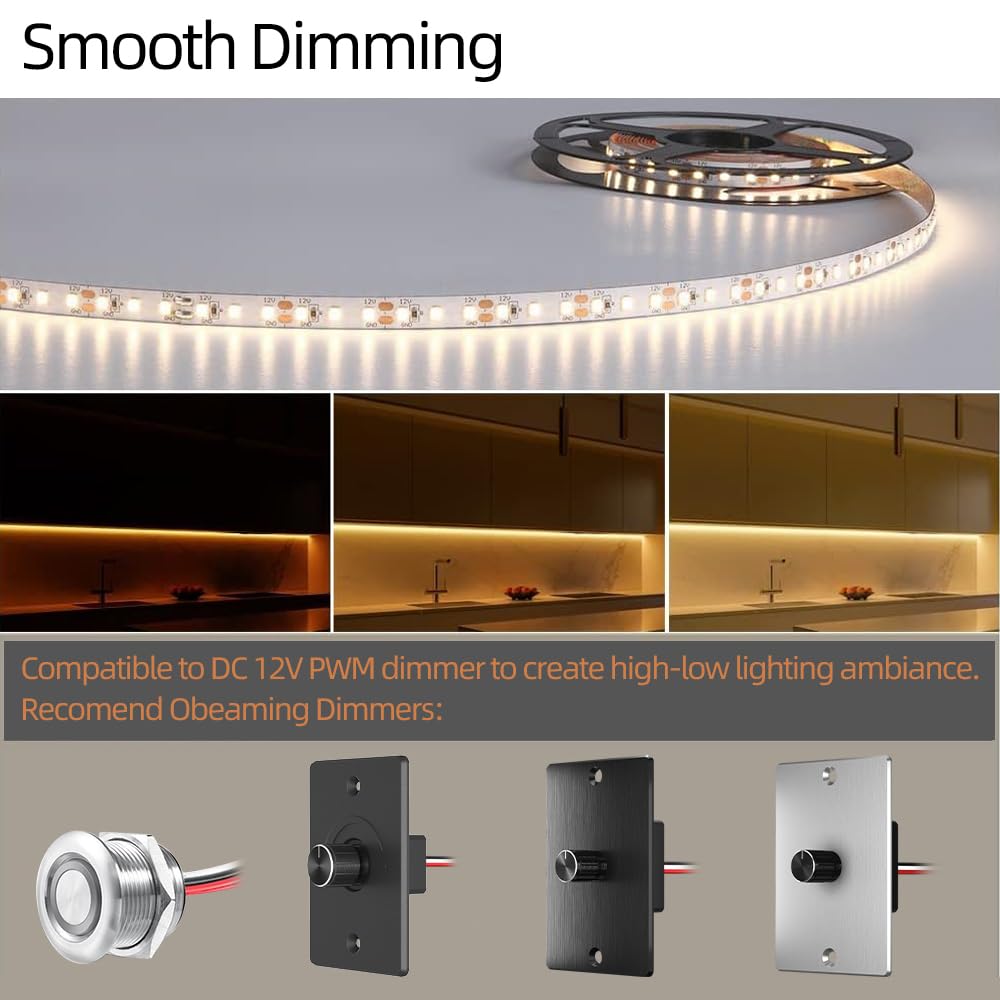 Obeaming RV Flexible LED Strip Light 12V Dimmable Tape Light 16.4 ft 600 LEDs 2000 Lumen Width 5/16” for Camper Van Motorhome Truck Trailer Interior Lighting, CRI 90+ Indoor Only (3000K)