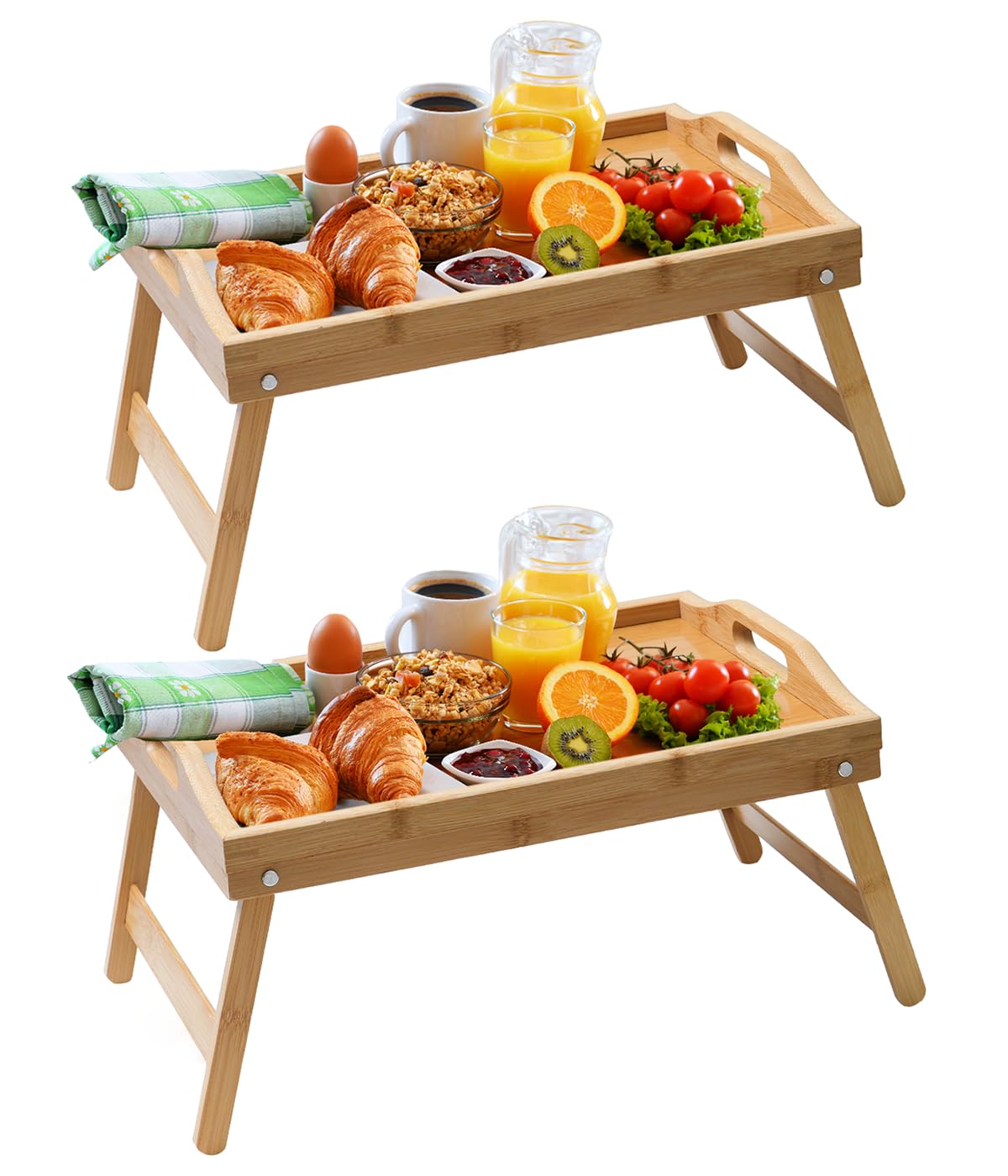 BAMBITION 2 Pack Bed Tray Tables, Bamboo Breakfast Serving Trays with Folding Legs and Handles, Wood Lap Tray Table for Eating on Couch