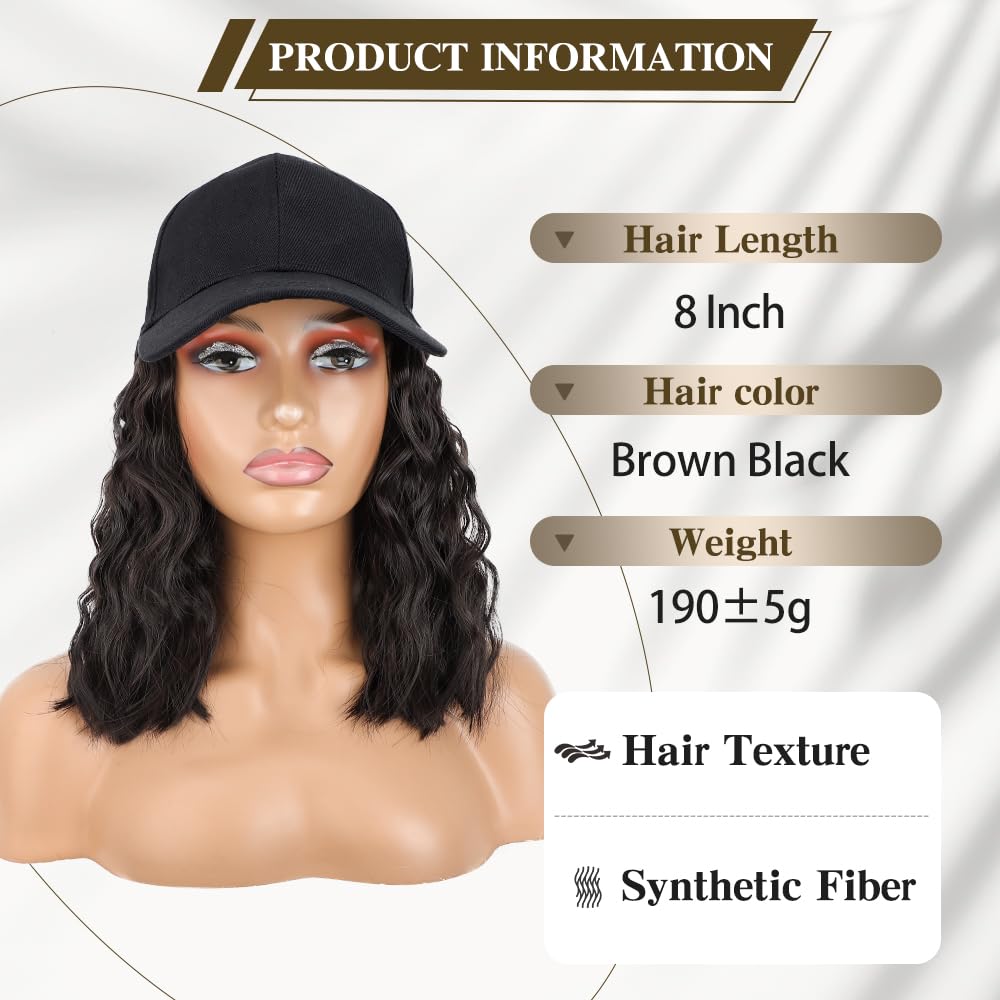 CHRSHN Hat Wig for Women, Short Wavy Baseball Cap Wig with Curly Synthetic Hair Extensions, Adjustable Black Brown Baseball Hat Wig