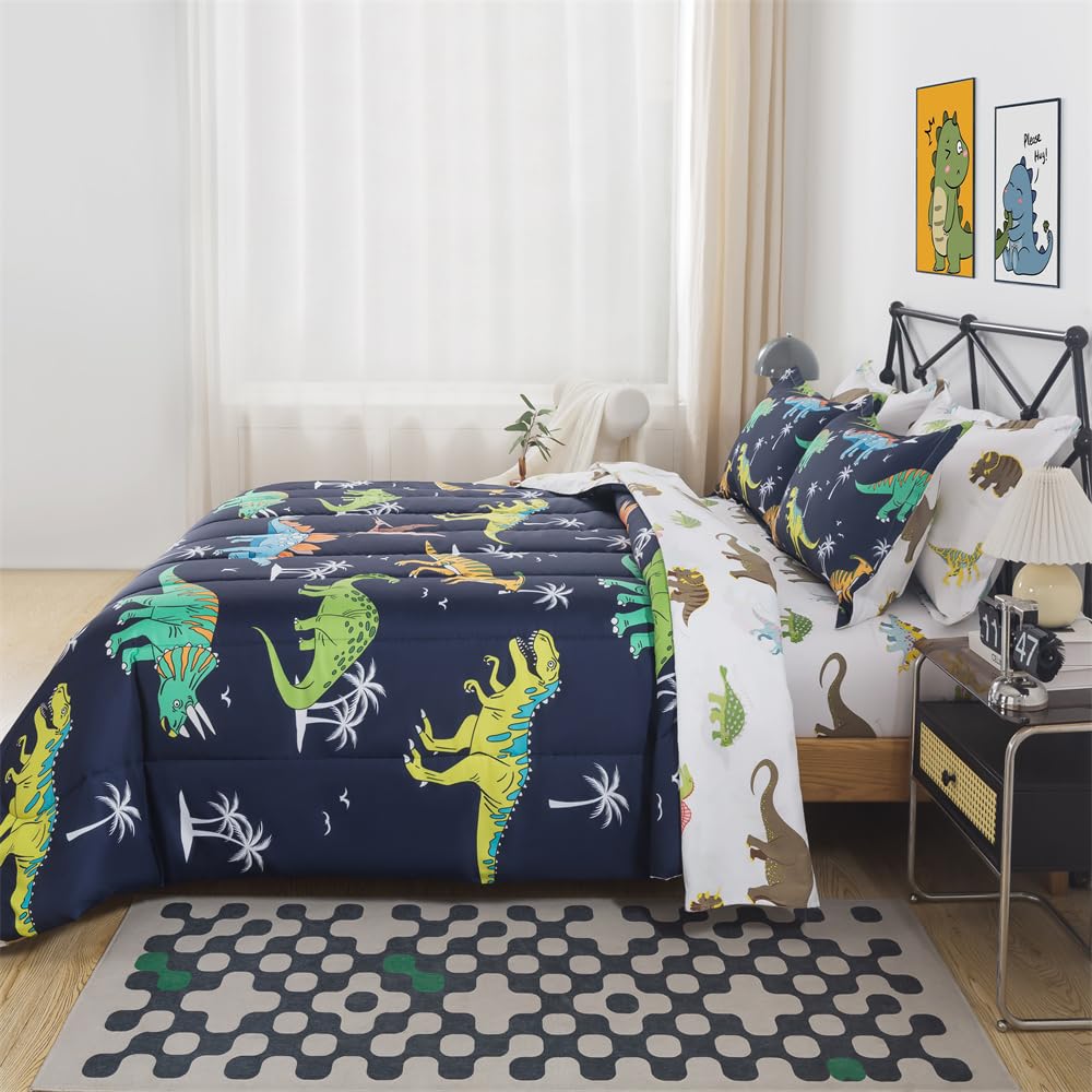 lishjekee 5 Pieces Dinosaur Comforter Twin for Kids Jungle Dinosaurs Bedding Set Bed in A Bag for Boys T-Rex Dino Comforter and Sheets Set for Teens Animal Bed Sets Home Decor