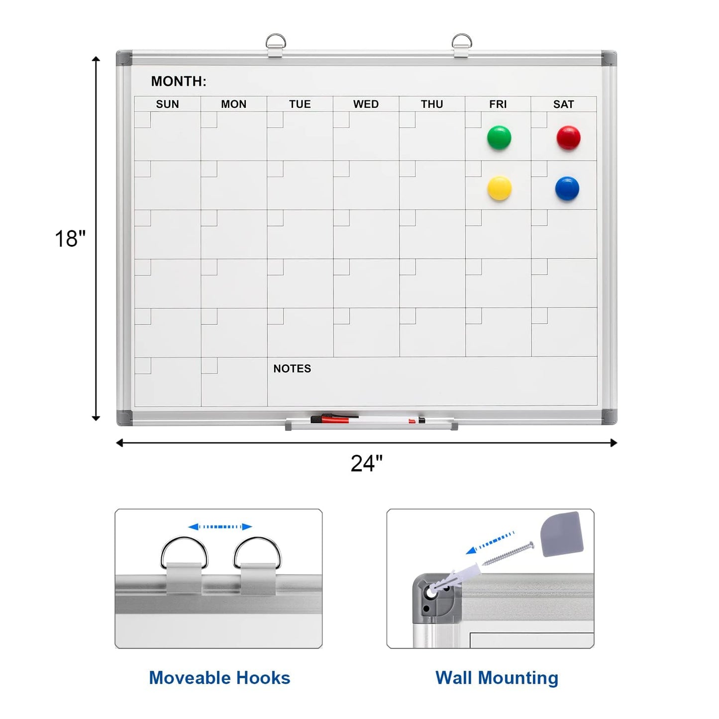 Comix Magnetic Dry Erase Calendar Whiteboard, 24 x 18 Inches Monthly Calendar Dry Erase Board for Wall, Aluminum Frame Planner White Board with Dry Erase Markers, Dry Erase Eraser, Magnets
