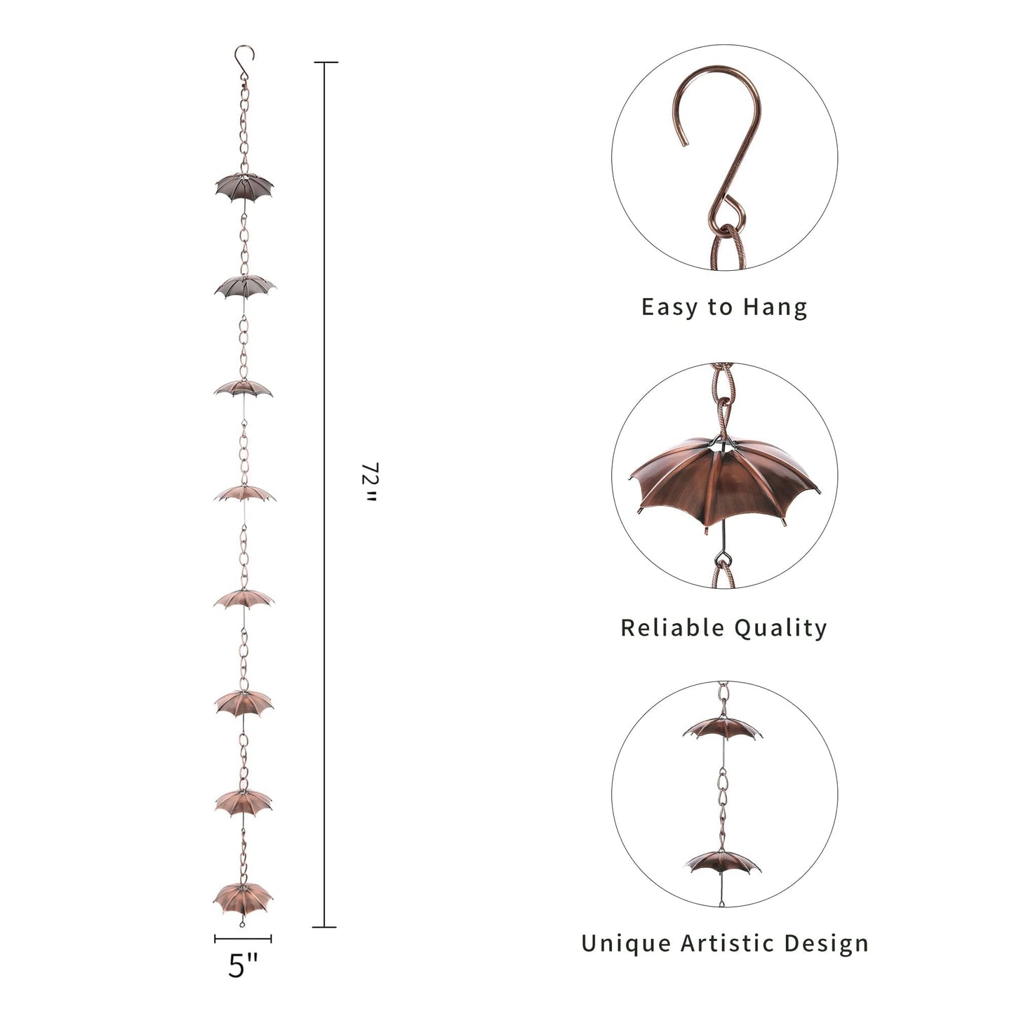 TZSSP Rain Chains Decorative Rain Chain Bell for Gutters Downspout, Metal, 6 Length Umbrella