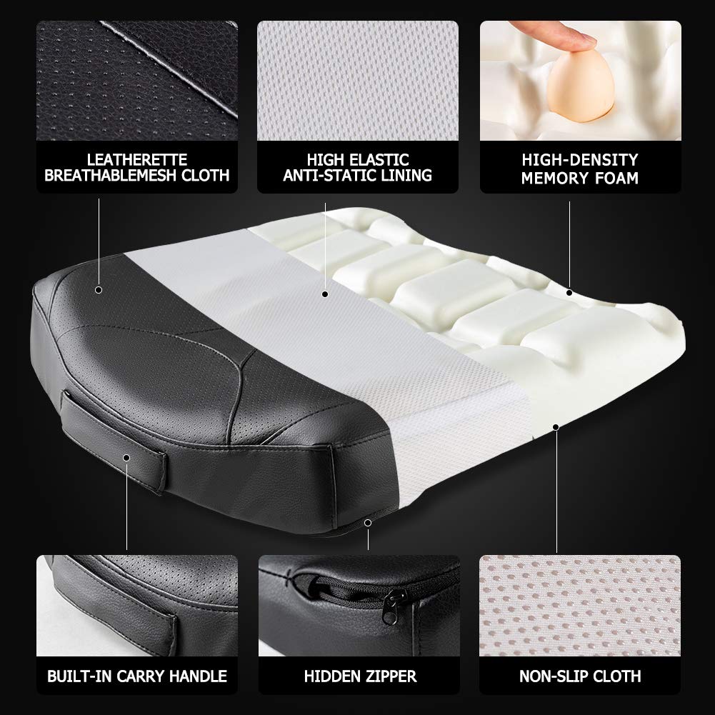 QYILAY Leather Car Memory Foam Heightening Seat Cushion for Short People Driving,Hip(Coccyx/Tailbone) and Lower Back Pain Relief Butt Pillows,for Truck,SUV,Office Chair,Wheelchair,etc.