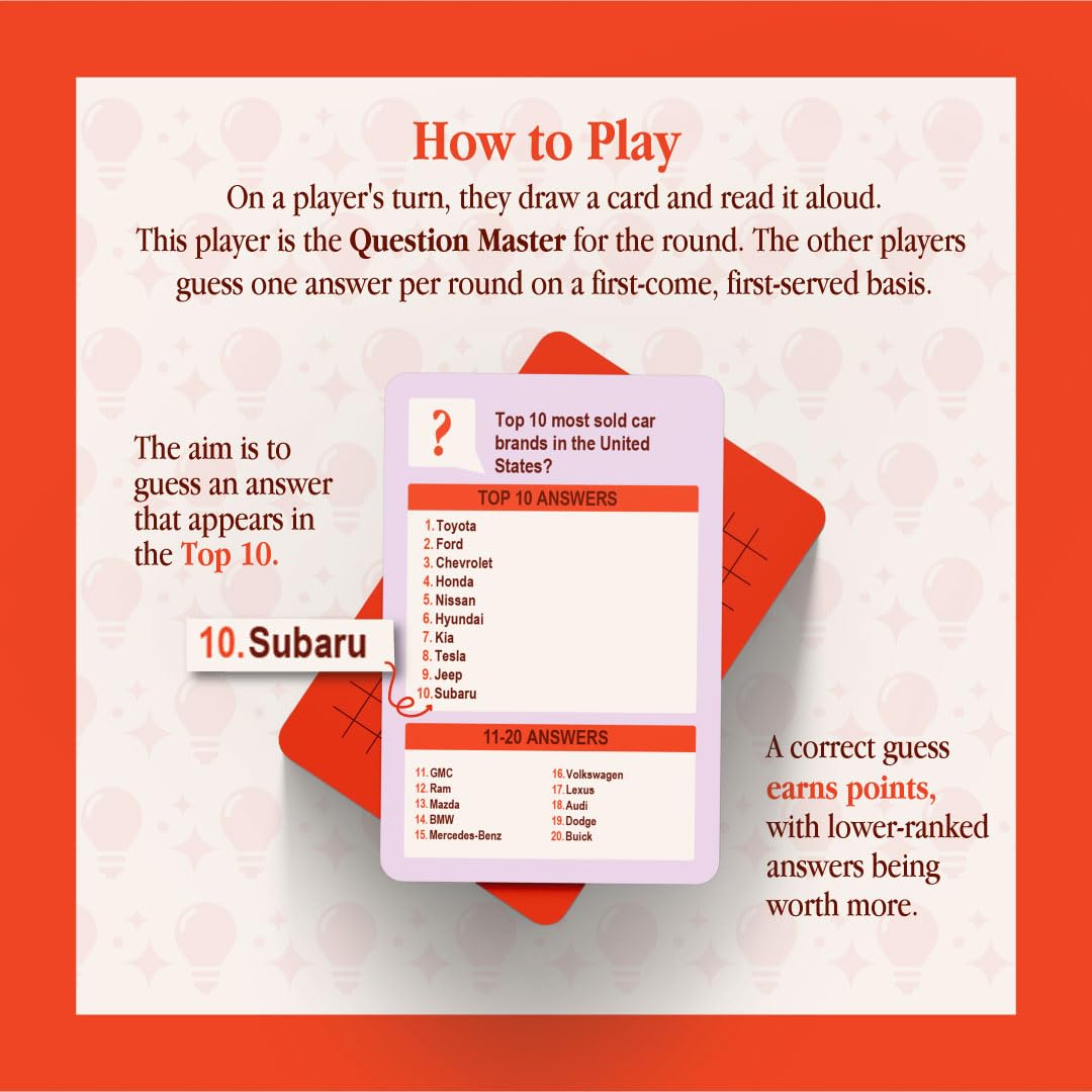 Top 10 – Trivia Card Game for Adults & Families | Casual Social Game for Friends | 3+ Players | 250 Questions (Pop Culture, Music, Sports, Geography & More)