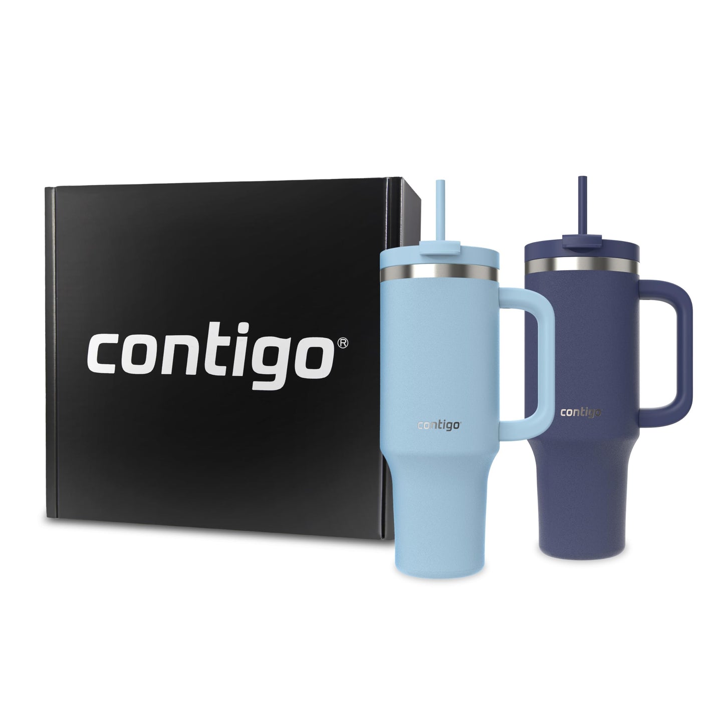 Contigo Streeterville Tumbler Giftset, 40 oz (1.18 L), Insulated Stainless Steel Water Bottle with Straw, Lid and Handle, Glacier & Indigo, 2 Pack