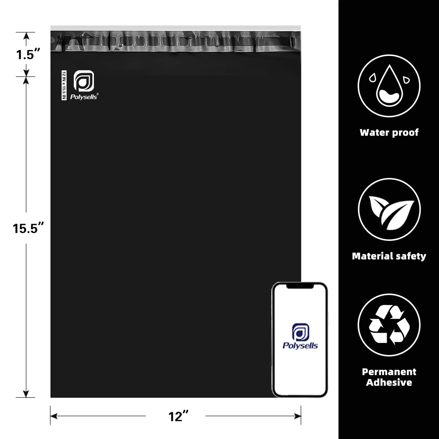 POLYSELLS Poly Mailers Shipping Envelopes, Strong Adhesive Sealing, Waterproof, and Tear-resistant Postal Mailing Bags for Clothing, Books, and Accessories (Black, 12x15.5 Inch, 500 pcs)