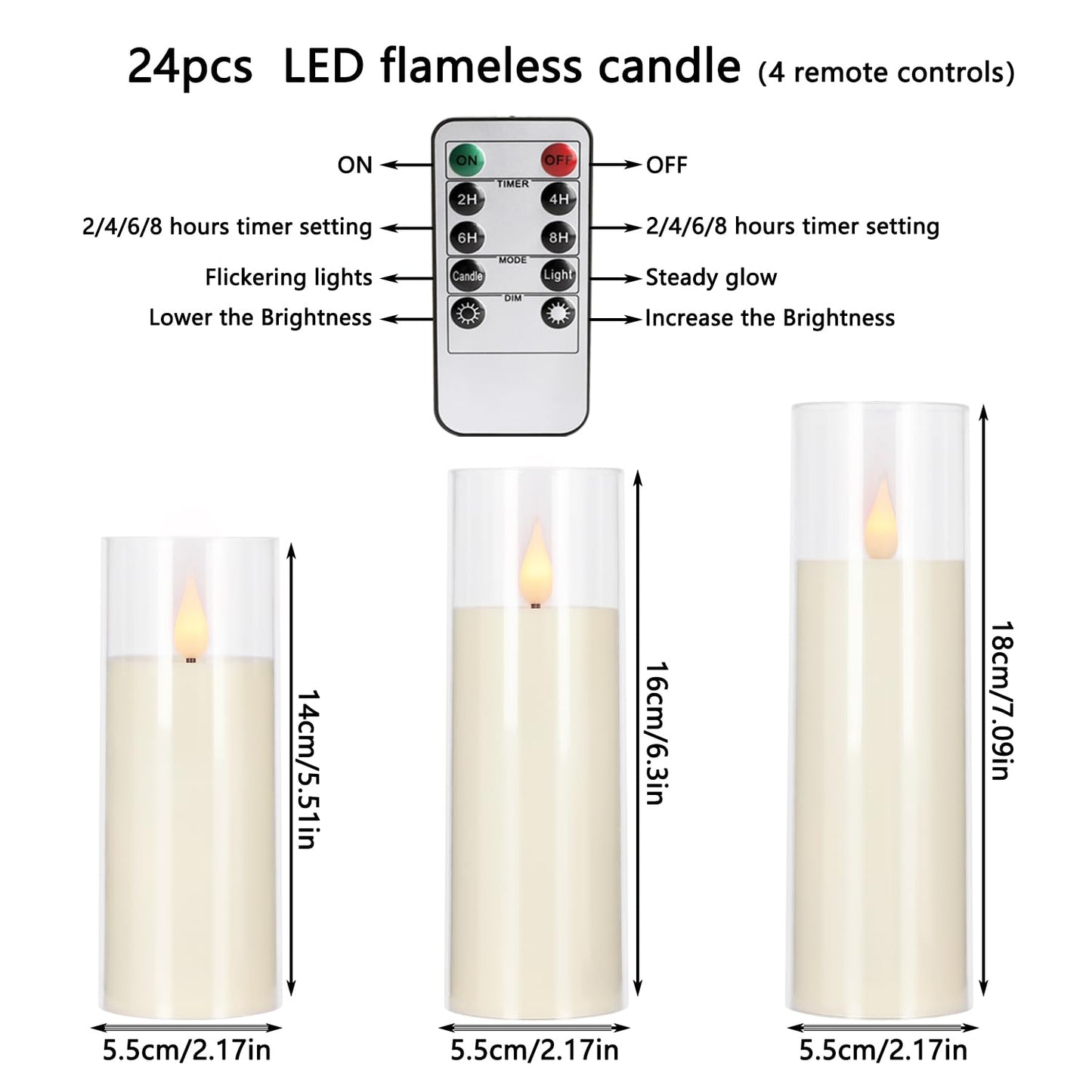 Aamdkcyu 24-Pack Flameless Candles with Remote, B-Series Acrylic LED Candles in 3 Sizes, Timer & 10 Brightness Levels for Home Decor, Wedding, Centerpieces
