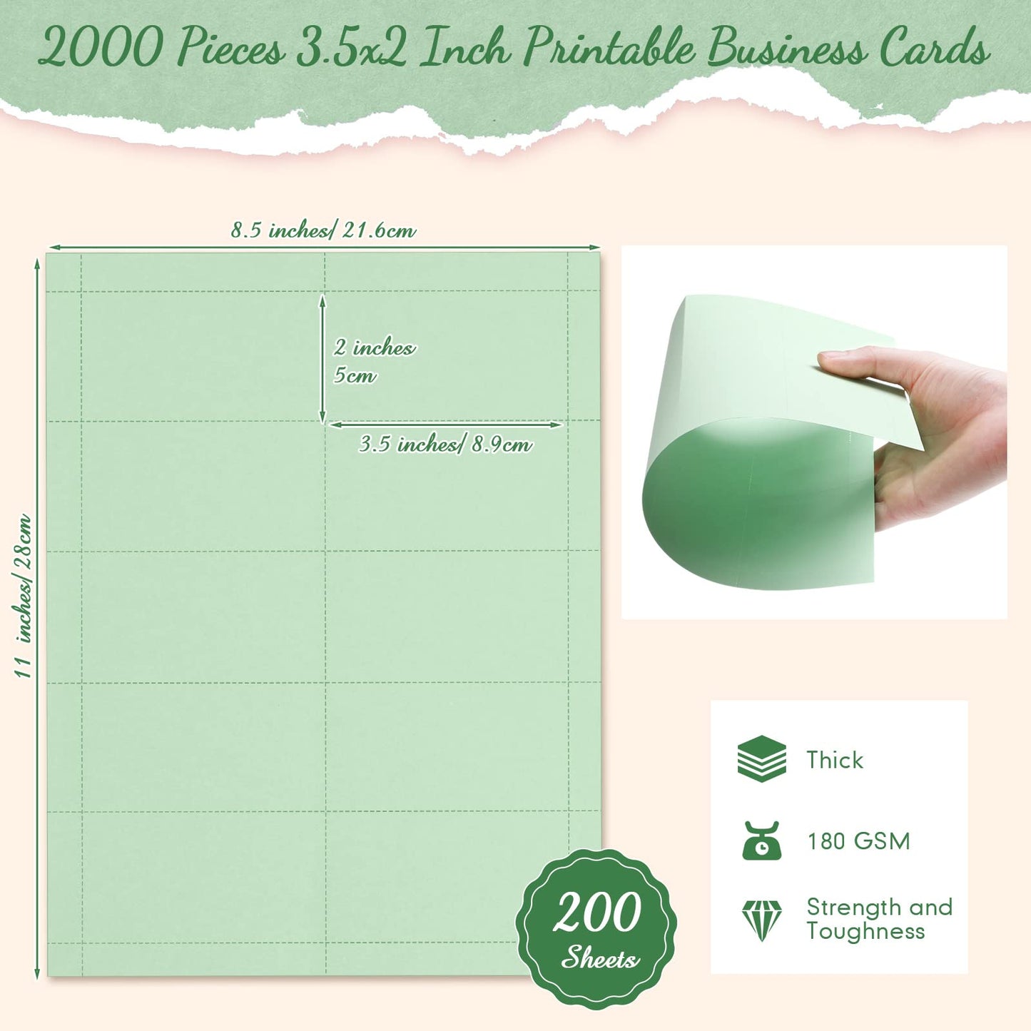 Fainne 2000 Pieces Blank Printable Business Cards Mini Note Index Perforated Card Stock Compatible with Laser and Inkjet Printer Double Sided Printing Paper 10 Cards/Sheet (Light Green)
