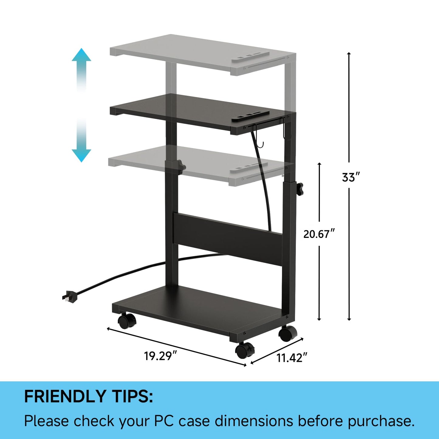 Computer Tower Stand with LED Light Strip, Mobile Rolling CPU Holder, Height Adjustable PC Tower Stand with Charging Station for Office Home (Black)