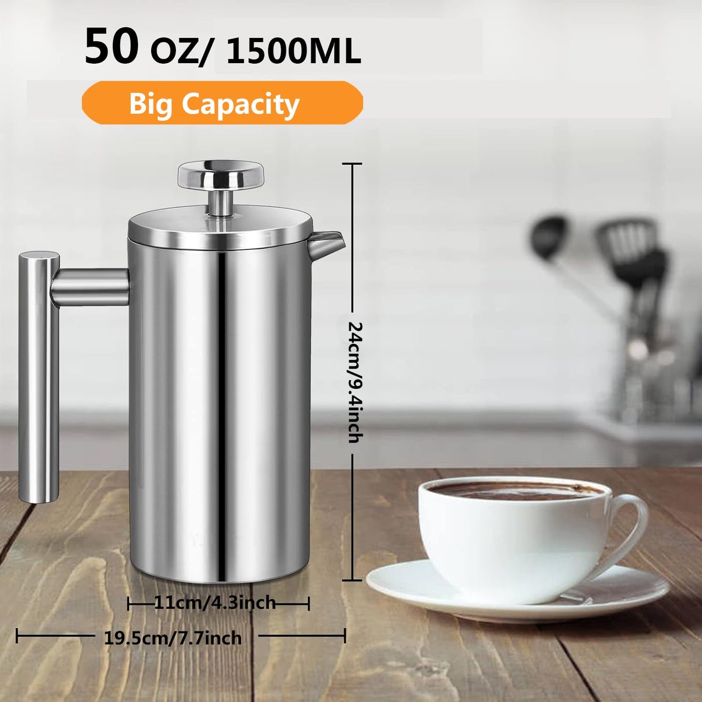 Meelio Large French Press Coffee Maker 1500ml/50oz Double-Wall Insulated Stainless Steel Coffee Press, 3 Level Filtration System, French Press for Home, Camping and Office, Silver (8-10 cups)