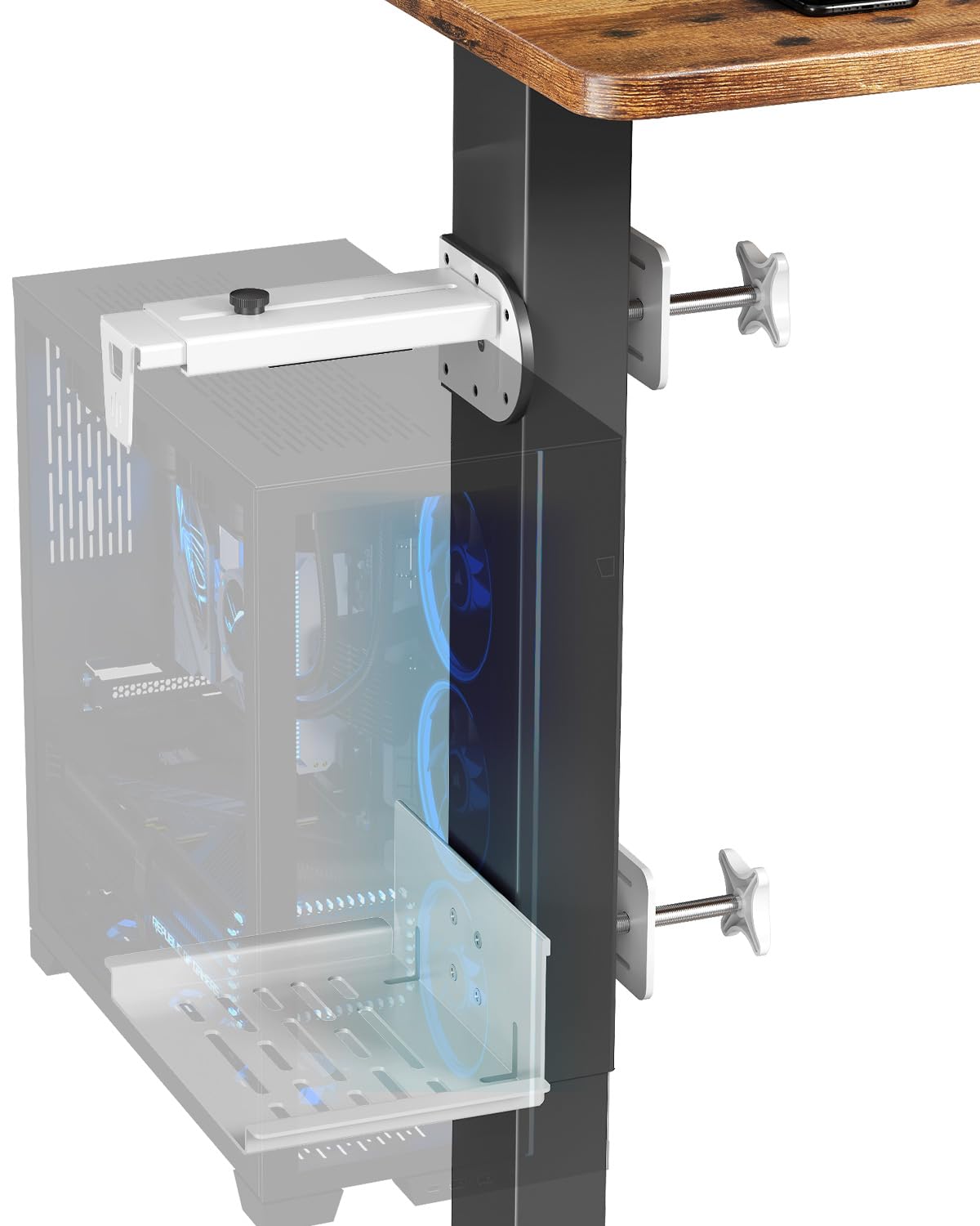 JOY worker Under Desk PC Mount for Standing Desk, Clamp-On Desk Leg Computer Mount, No Drilling, Adjustable Computer Case CPU Holder Holds Up to 44lbs, White PC Tower Mount