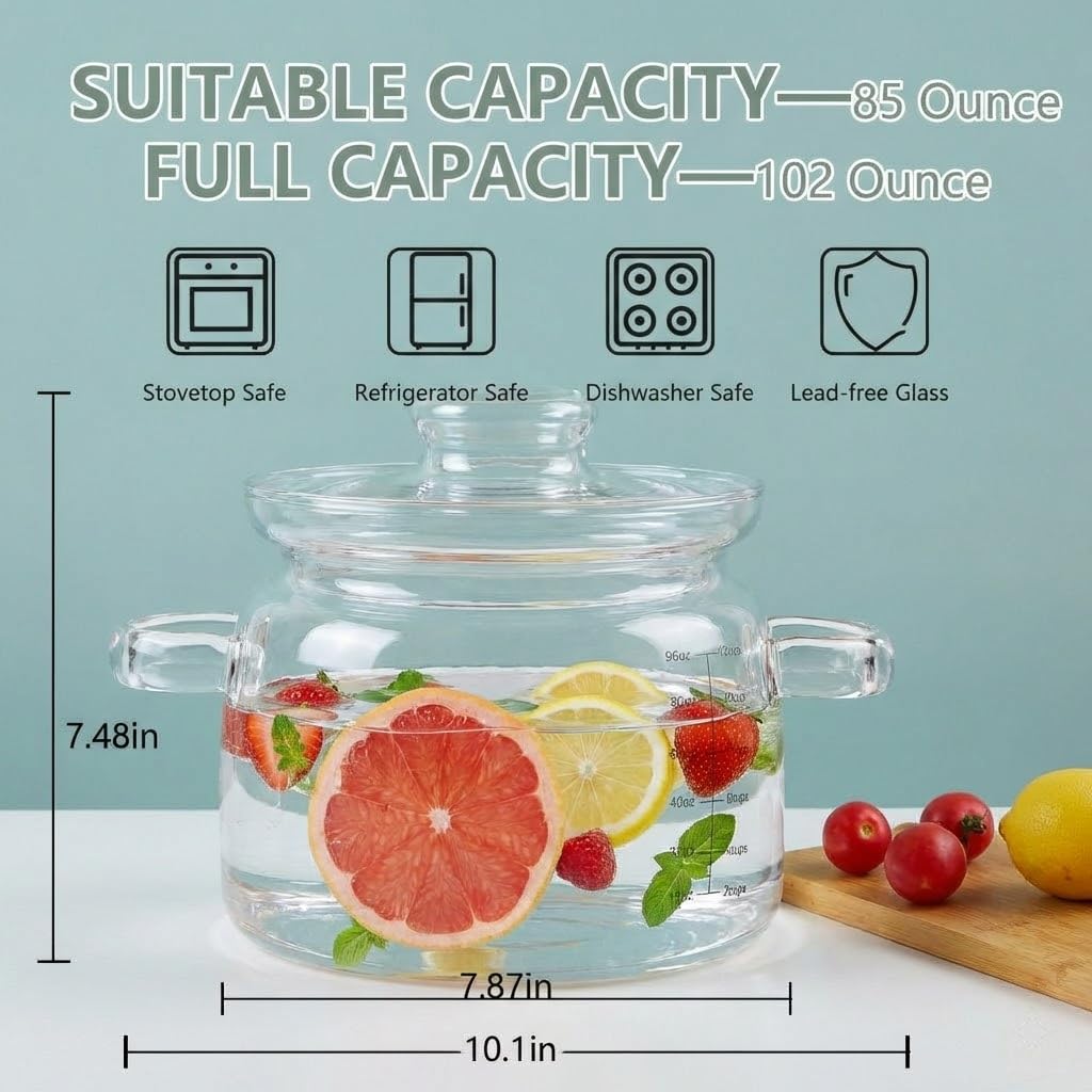 3L(96oz) Glass Cooking Pot with Lid，Handmade Borosilicate Glass Stockpot with Graduations - Glass Saucepan with Cover for Cooking and Serving