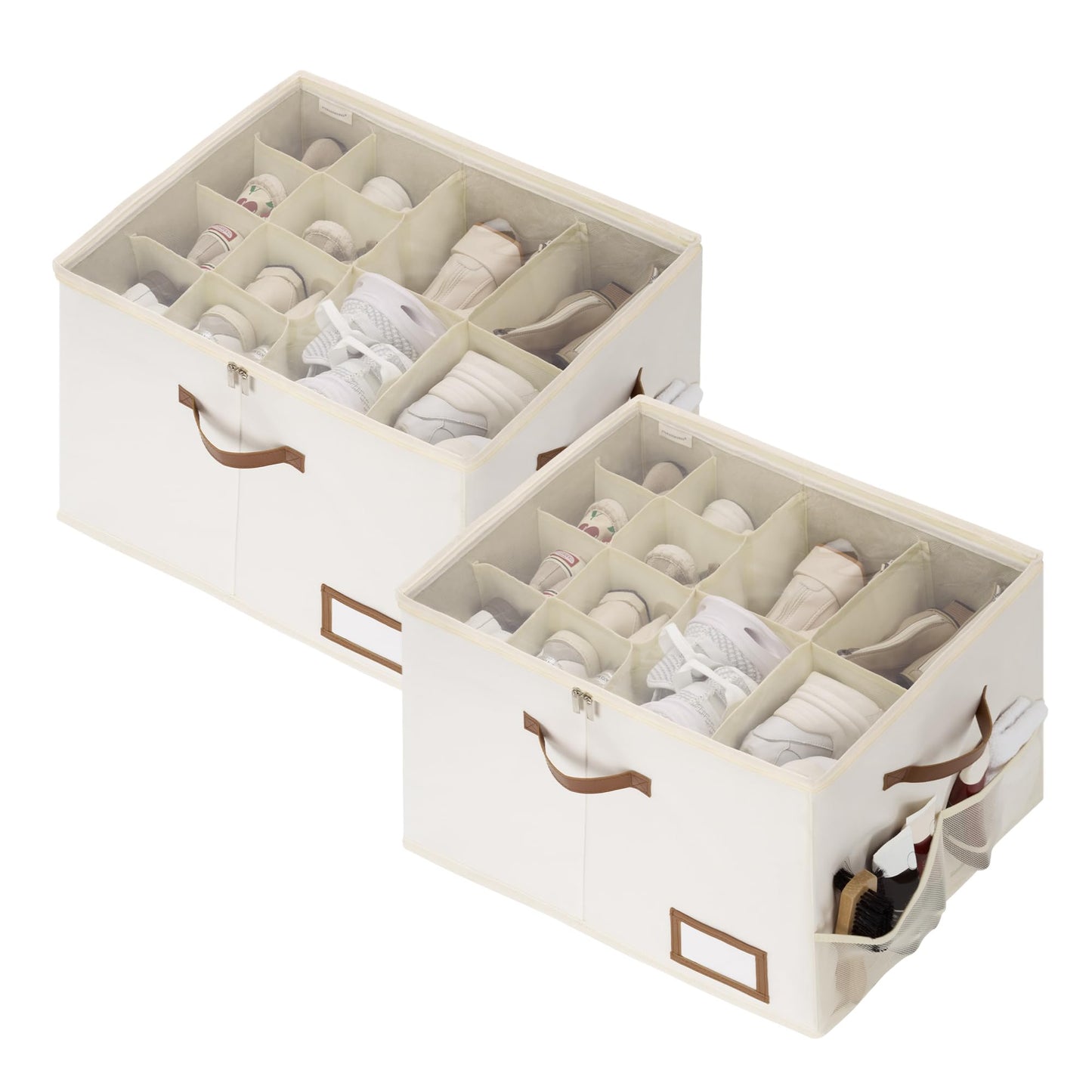StorageWorks Shoe Oragnizer for Closet, 2 Pack Shoe Storage Cubes Holds Up to 16 Pairs, Space Saving Storage Boxes with Lid and Hanldes, Beige