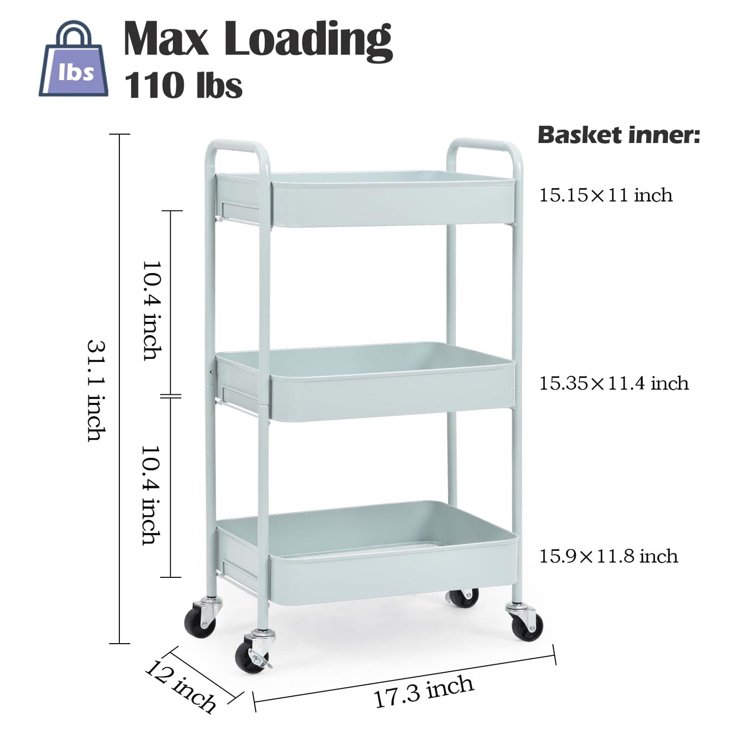 TOOLF 3-Tier Rolling Cart, Metal Utility Cart with Lockable Wheels, Storage Craft Art Cart Trolley Organizer Serving Cart Easy Assembly for Office, Bathroom, Kitchen, Kids' Room, Classroom (Green)