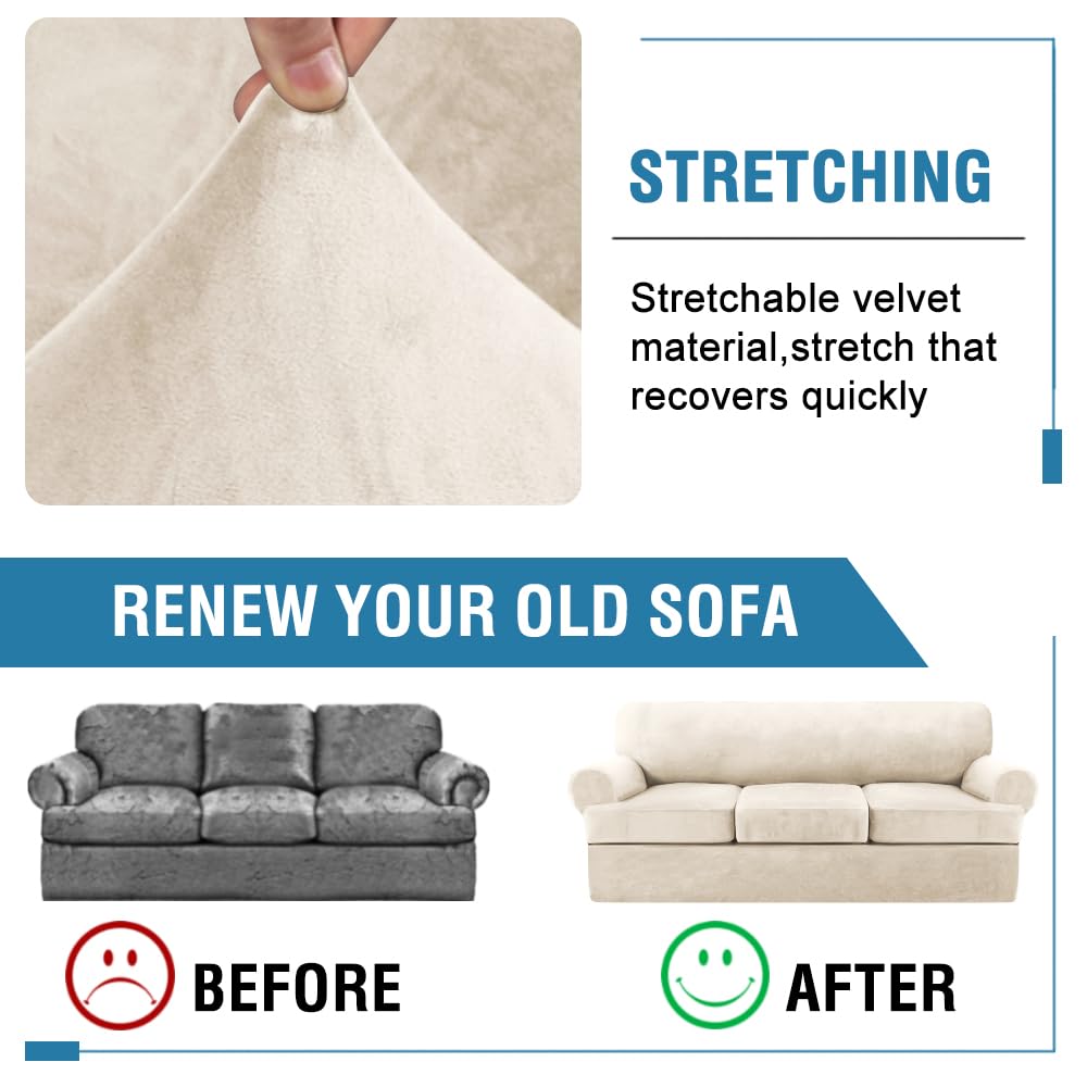 H.VERSAILTEX Sofa Cover 4 Piece T Cushion Sofa Slipcovers Thick Velvet Couch Cover Furniture Protector Stretch T Cushion Sofa Covers for 3 Cushion Couch with 3 Individual T Cushion Covers, Ivory