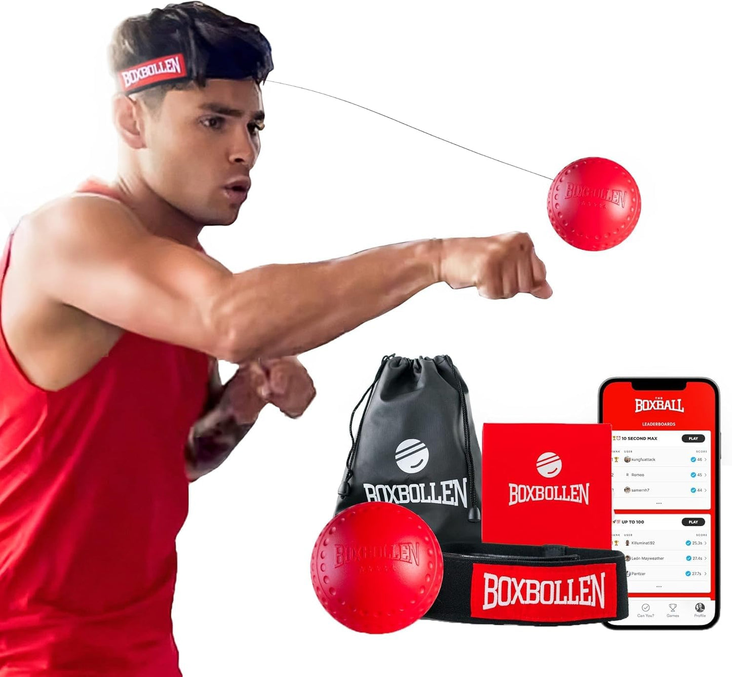 Boxbollen Original Complete Set with The Boxball App License (iOS & Android) - Fun Sports Game Workout for All Ages Burn Calories, Boost Hand-Eye Coordination Cognitive Fitness 2023 Edition Red