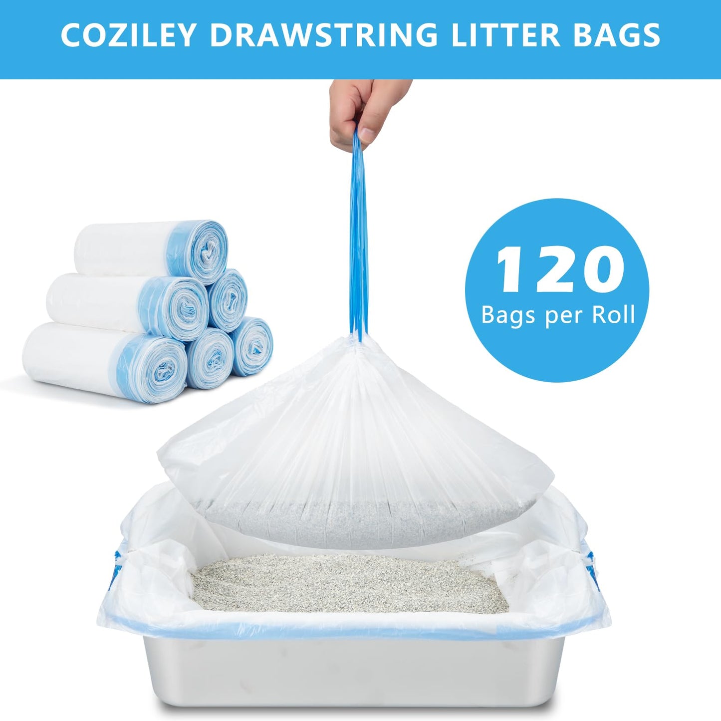 Coziley Replacement Waste Bags for Self Cleaning Litter Box, Heavy-Duty Dual Drawstring Trash Bags, 21.7"x11", Leak & Tear-Resistant, Trash Bags for Cat Litter Box Drawers, 6 Rolls (120 Bags)