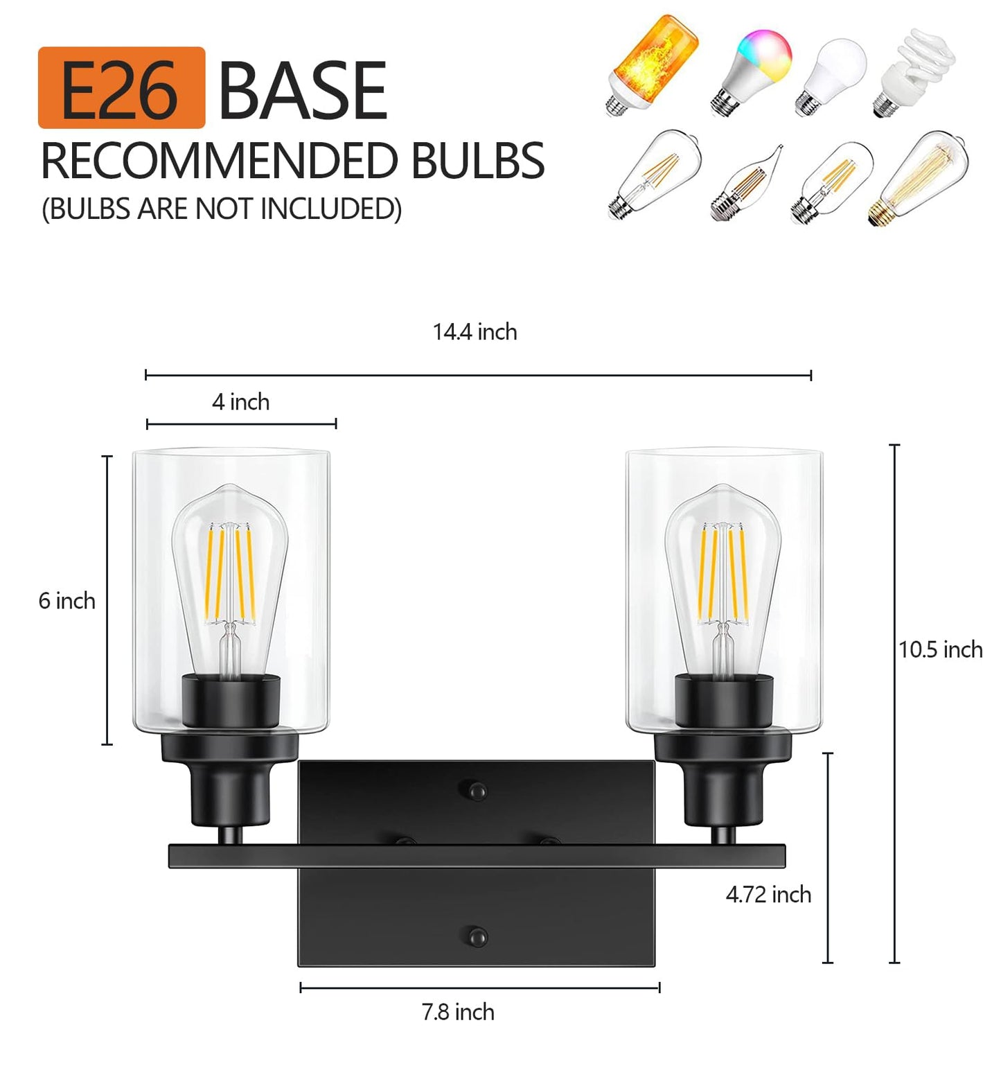 Bathroom Light Fixtures Over Mirror, 2-Light Black Vanity Light, Modern Vanity Lights for Bathroom with Clear Glass Shade, E26 Standard Vanity Lights with Metal Frame for Bedroom Hallway Living Room