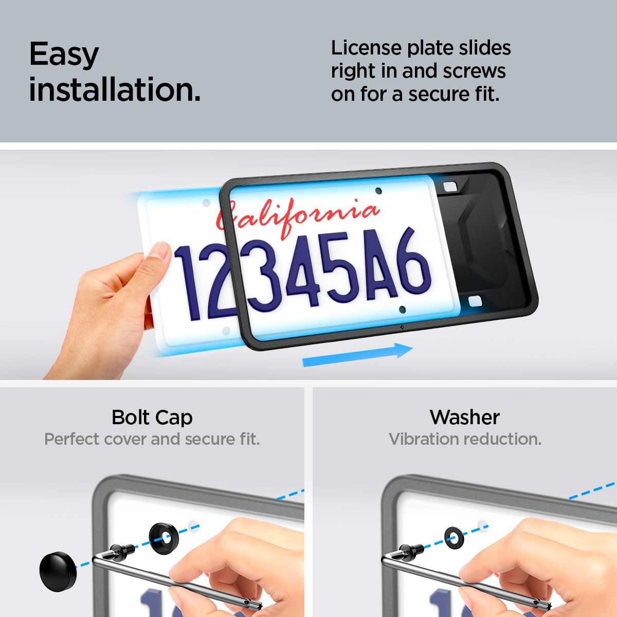 Spigen Car License Plate Frame Holder (Rattle Proof and Weather Proof) [1 Pack] with Screws & Installation Kit Designed for New Tesla Model Y Juniper, Model 3/Y/S/X/Cybertruck & All Cars (Black)
