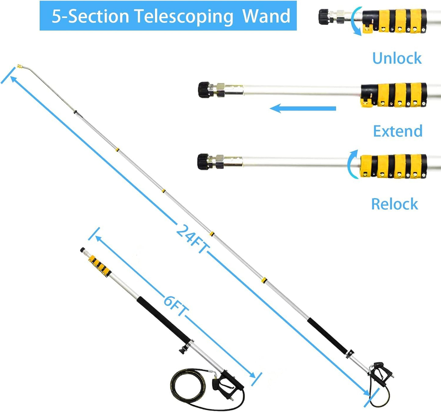 24 FT Telescoping Pressure Washer Wand (Heavy Duty Stainless Steel) with Power Washer Extension Wand, Gutter Cleaner Attachment, 2 Adapters, 5 Spray Nozzles & Support Belt for Wall Roof Gutter