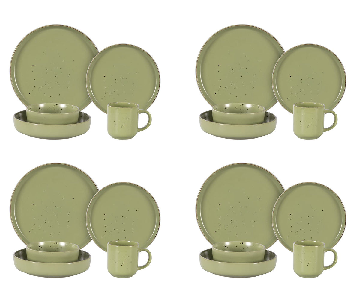 Home VSS 20-Piece Porcelcin Dinnerware Set - Nordic Raised Rim Tableware Collection with 4-Person Plates & Bowls, Matte Green with Speckled Spots
