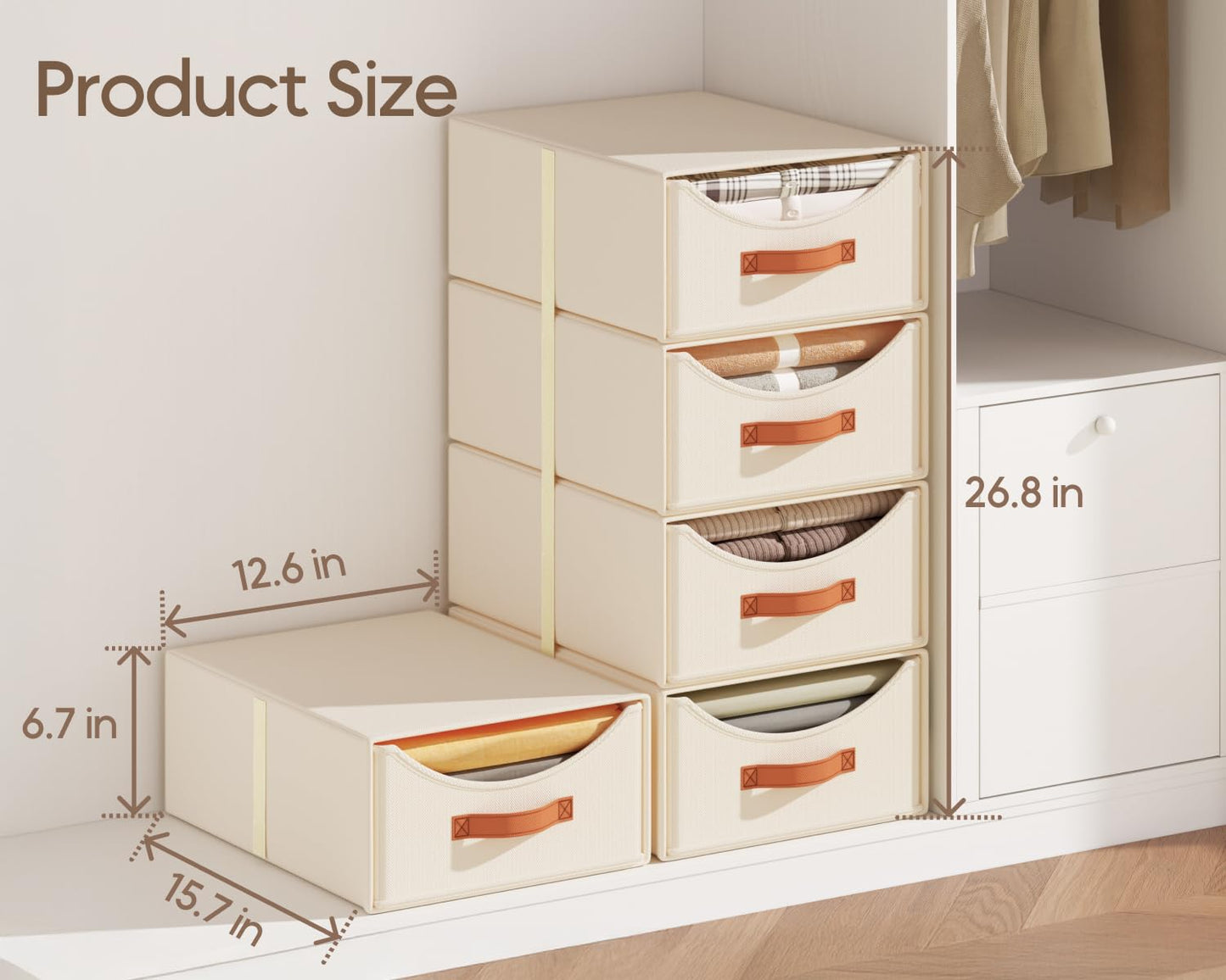 DIMJ Stackable Closet Drawers Organizers - 4 Pack Fabric Basket Foldable Clothing Storage Bins with Reinforced Handles for Wardrobe, Bedroom, Dresser,Shelves (Beige)