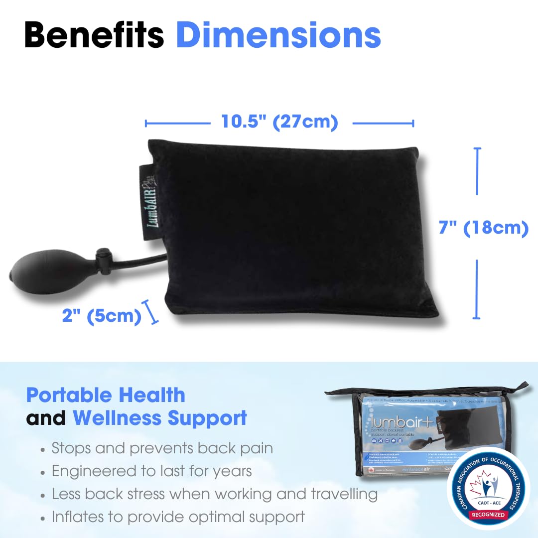 Innotech LumbAIRPlus – Premium Portable Inflatable Lumbar Support Cushion with Adjustable Air System for Customized Comfort – Promotes Healthy Posture and Relieves Back Strain, Black