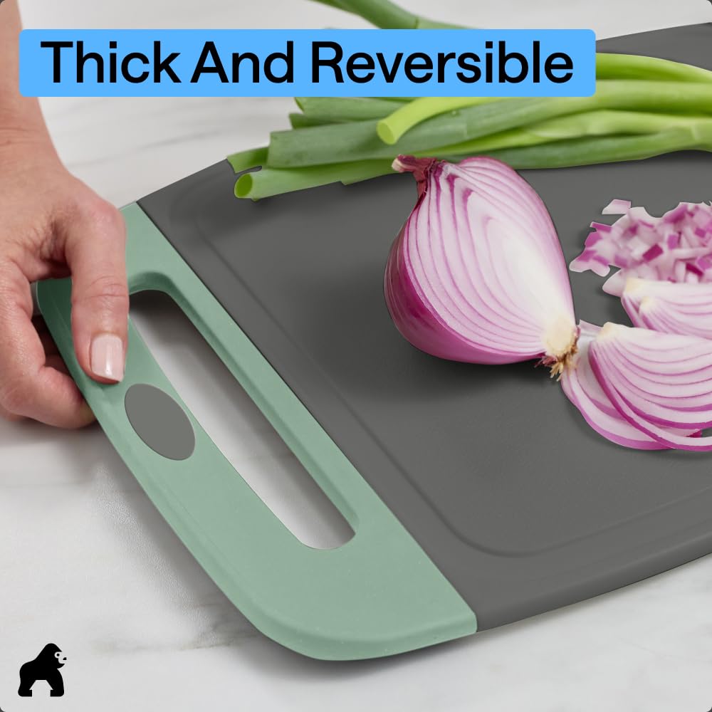 The Original GORILLA GRIP Oversized 100% BPA Free Reversible Durable Kitchen Cutting Board Set of 3, Juice Grooves, Dishwasher Safe, Easy Grip Handle Border, Food Chopping Boards, Cooking, Mint Gray