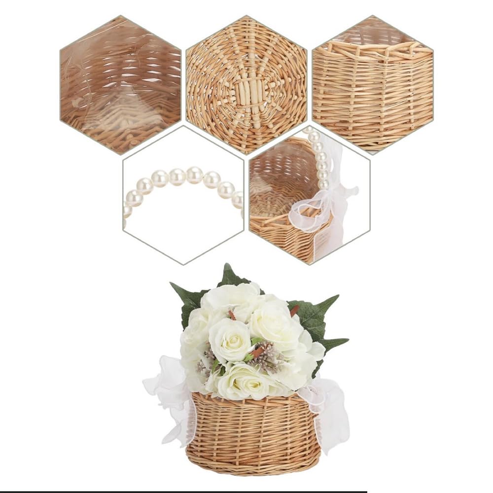 Wicker Rattan Flower Girl Basket Wedding Small with Pearl Handle and White Bow Fairy Handwoven for Home Decorations