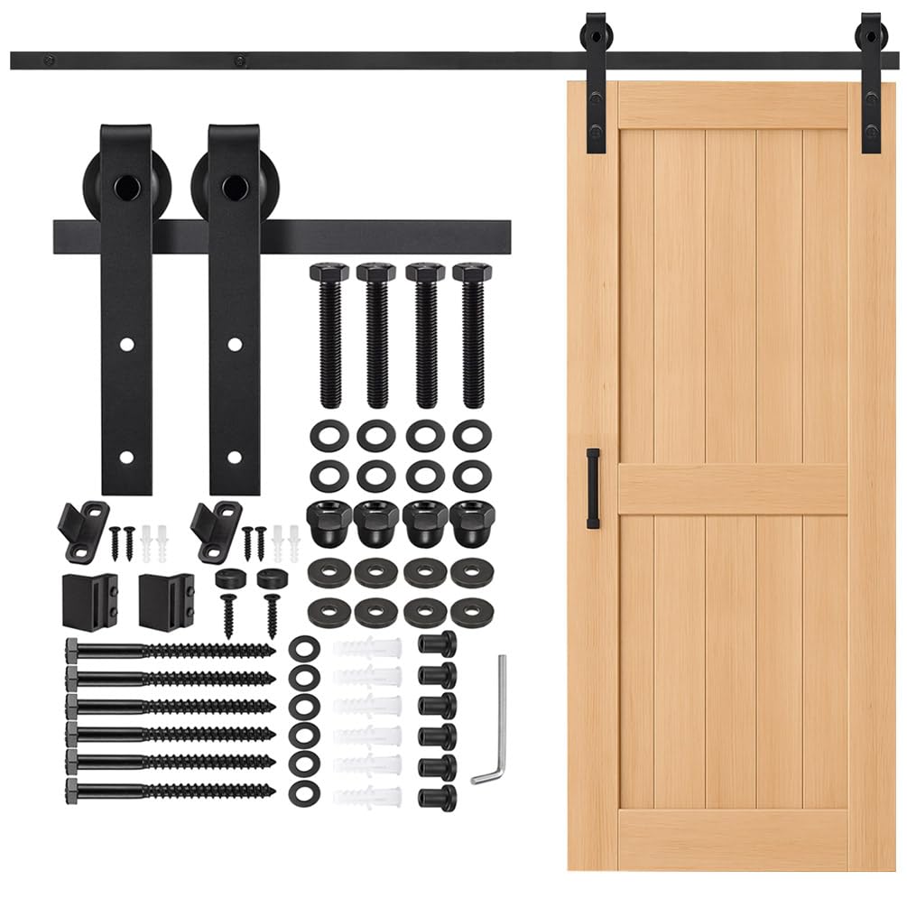 6.6FT Black Barn Door Hardware Kit, ZEXVIDA Heavy Duty Steel Slide Sliding Track Rail Hanger Roller 200cm Roller Door Hardware, Easy to Install, Black