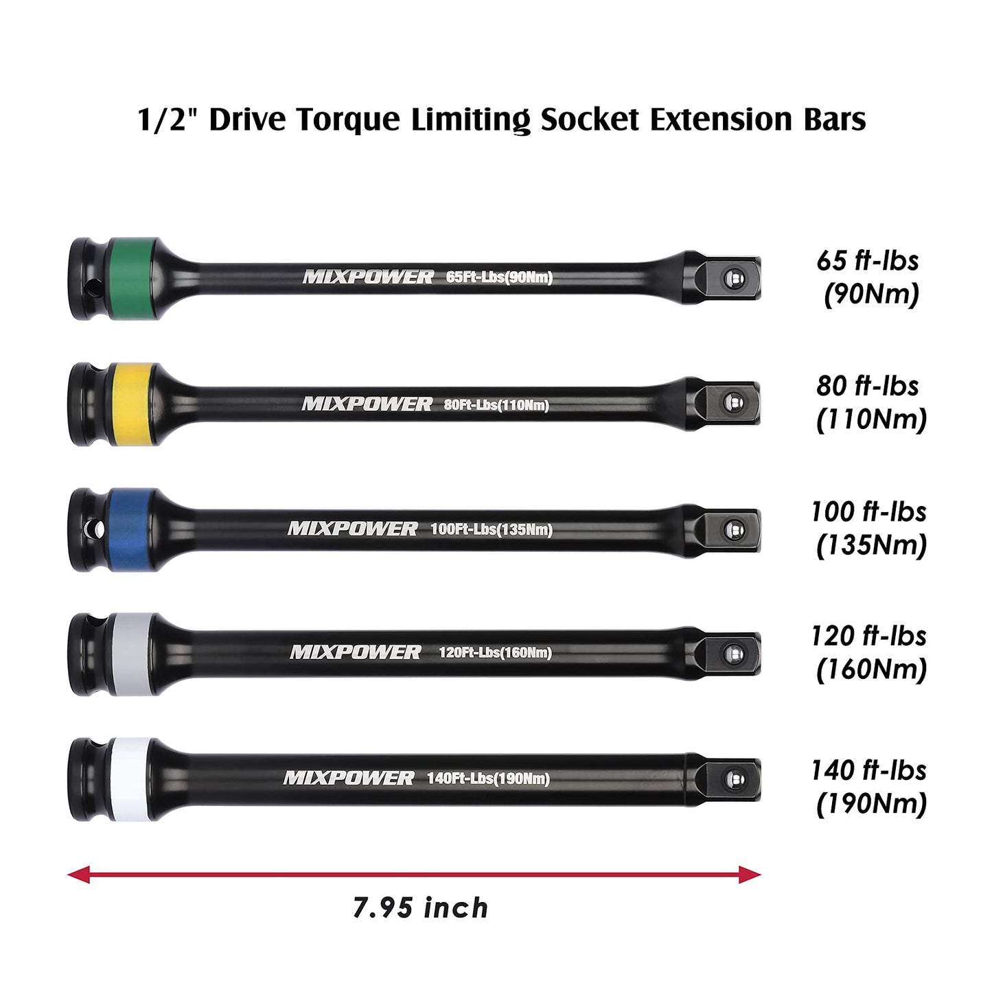 MIXPOWER 5 Pieces 1/2" Drive Torque Limiting Socket Extension Bars, 8 in Long Color-Tool Kit 65-140 ft/lb Set