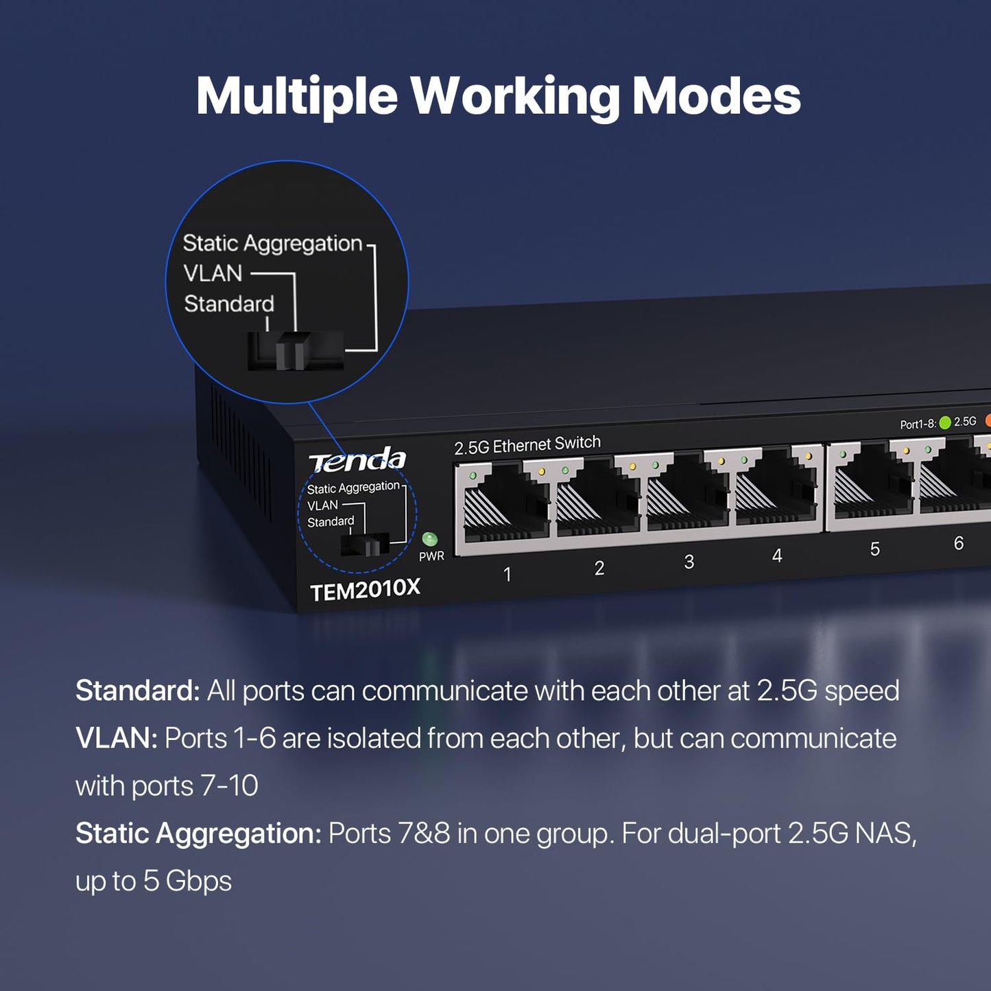 Tenda TEM2010X, 8 Port 2.5G Ethernet Switch Support VLAN & Static Link Aggregation, Unmanaged 2.5Gb Switch with 8 x 2.5G Ports & 2 x 10Gb SFP Slots, 80Gbps Switching Capacity, Fanless Metal Design
