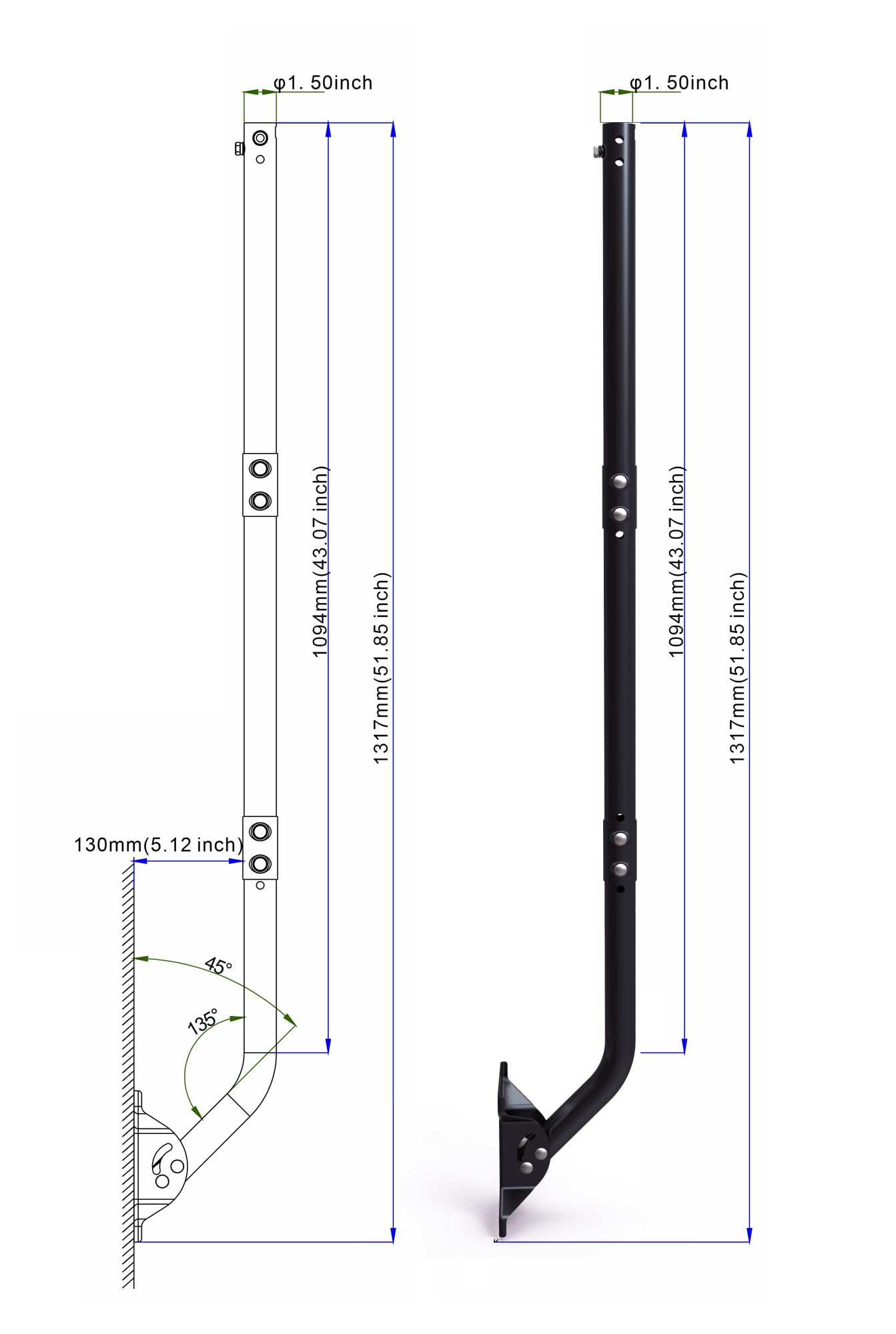 CEKAY Universal Mounting Pole (1 1/2" Dia x 51" L) – J Pole Mount for Antenna, Starlink Dish & Weather Station – Adjustable Pivot/Lock Bracket for Wall, Eave, Roof – Powder-Coated, Corrosion-Resistant