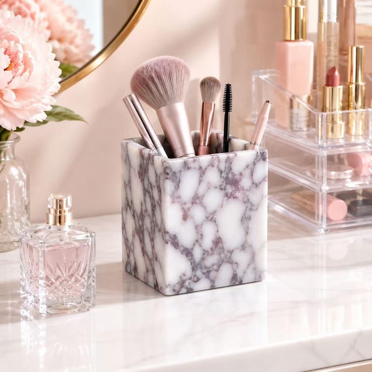 Artisanal Abode Marble Pen Holder, Natural White Marble Pencil Cup and Square Desktop Organizer for Pens, Makeup Brushes, Toothbrushes, Office Supplies, Vanity and Bathroom Counter