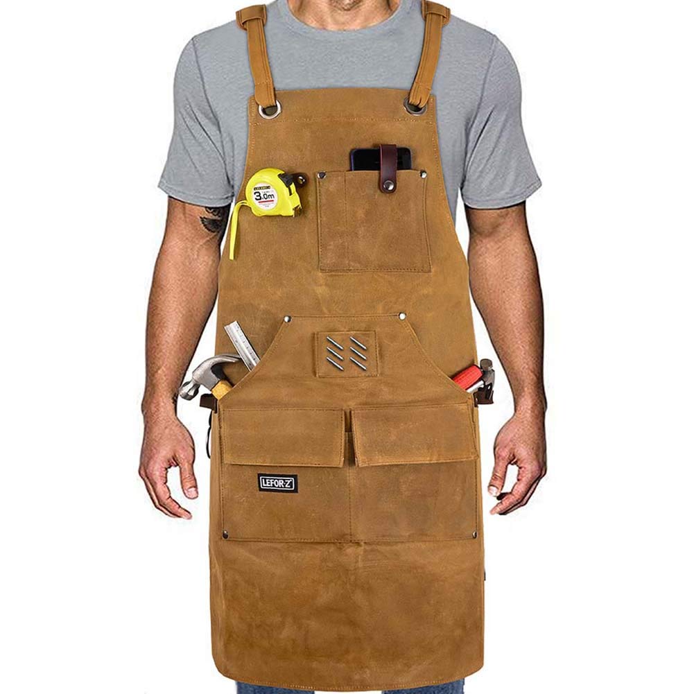 Woodworking Shop Apron with Magnetic Pocket,Waxed Canvas Work Apron for Men, Waterproof Carpenter Apron Cross- Back Strap & Adjustable from M to XXL