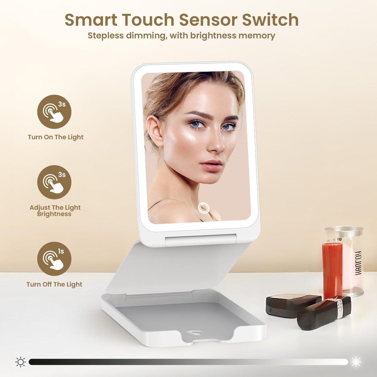 LAMPICK Travel Makeup Mirror with Lights, Foldable 1X Vanity Lighted Mirror with 10X Magnification, Rechargeable 1500mAh Battery, Dimmable Touch Screen, Freely Adjust Height and Angle