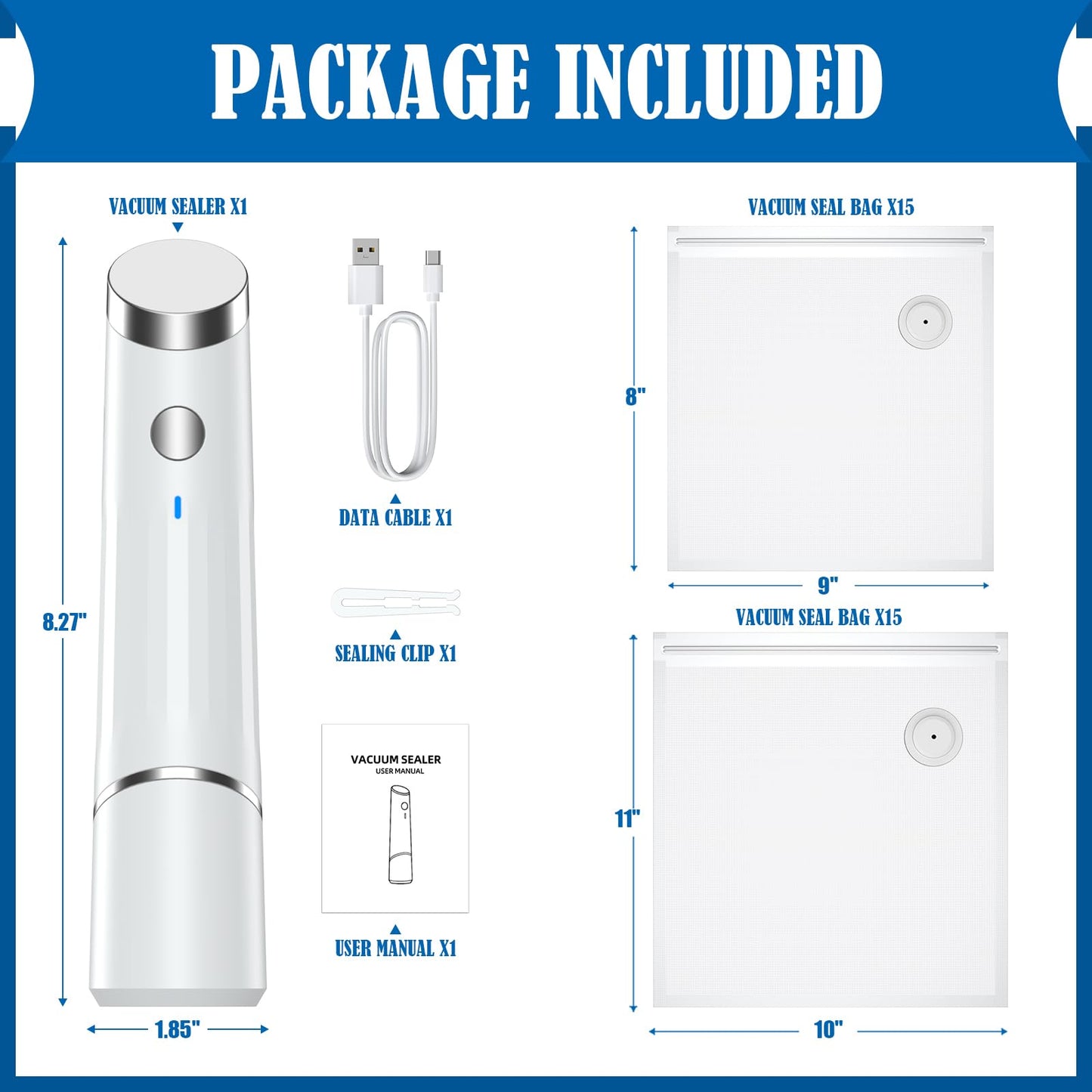 Vacuum Sealer, Handheld Compact Vacuum Sealer, Sealer Pump & Food Saver with 30 Reusable Vacuum Bags for Food Fresh & Storage (1 Pump+30 Bags)