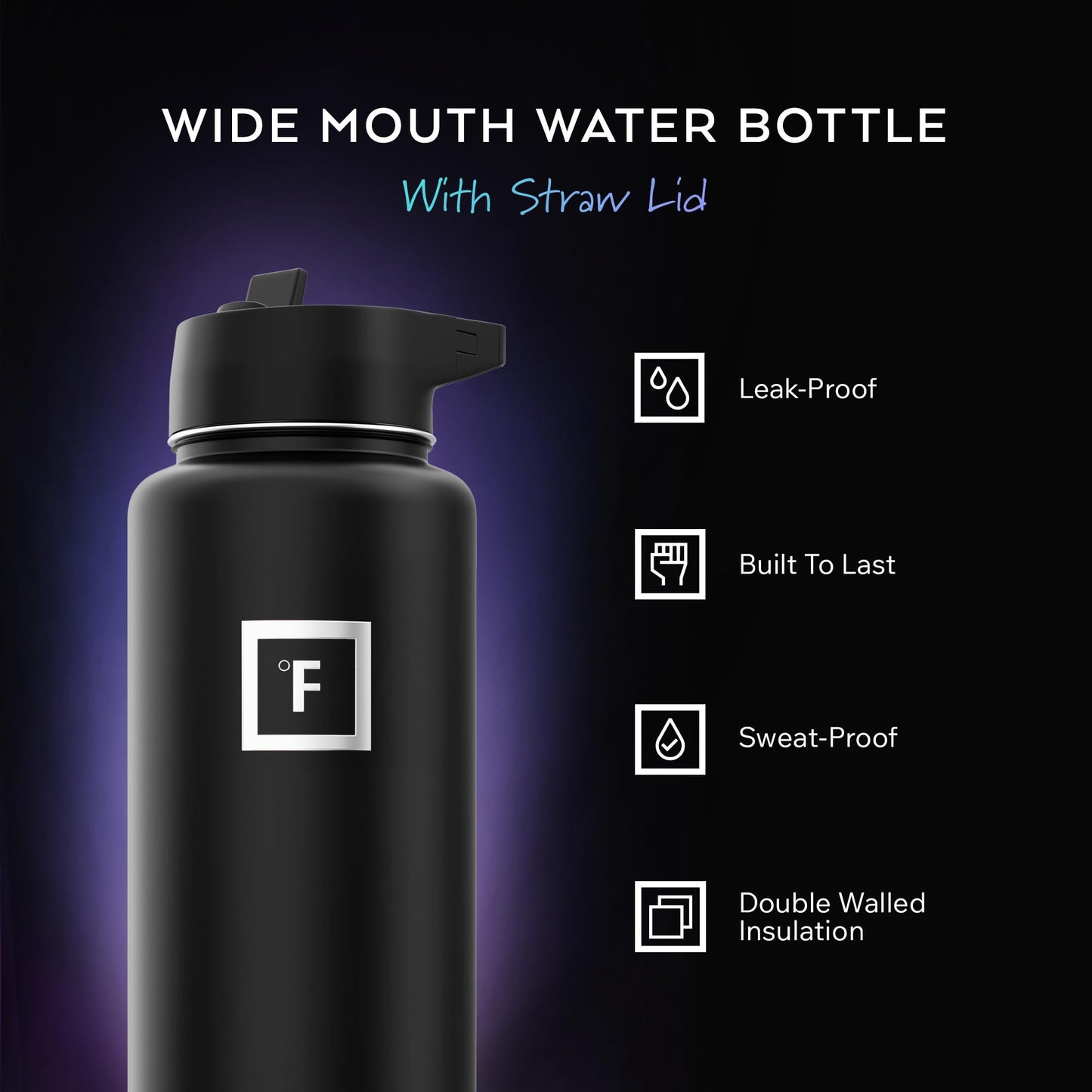 Insulated Water Bottle with Straw - 22/32/40/64 oz with 3 Lids - Stainless Steel Double Walled Camping & Hiking Hydration Flask - Vacuum Leak Proof BPA Free - Travel Sports Gym